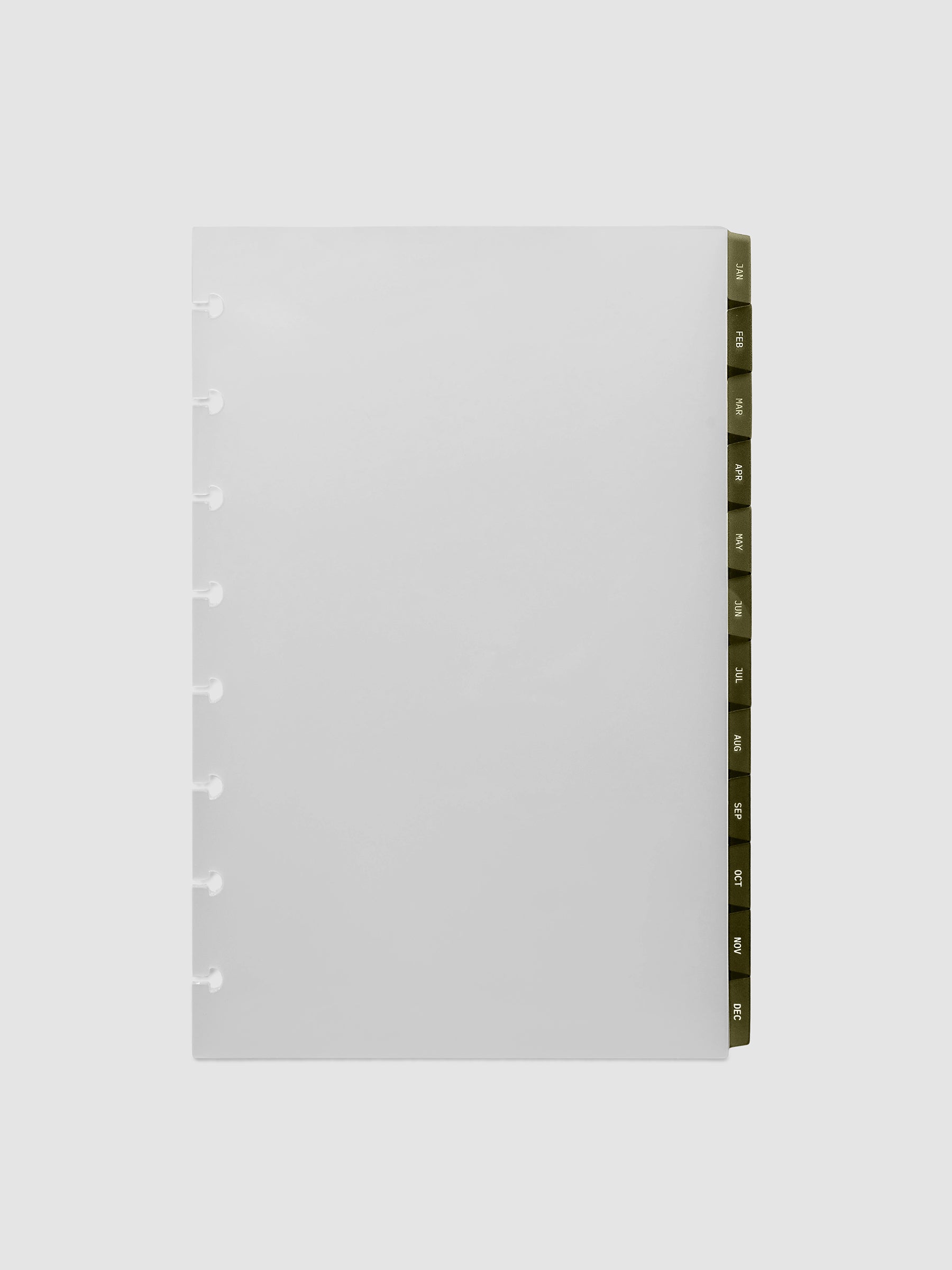 Half Letter 8-Disc Punch Ultra-Thin Monthly Dividers in olive green, set of 12 dividers fanned to show all months