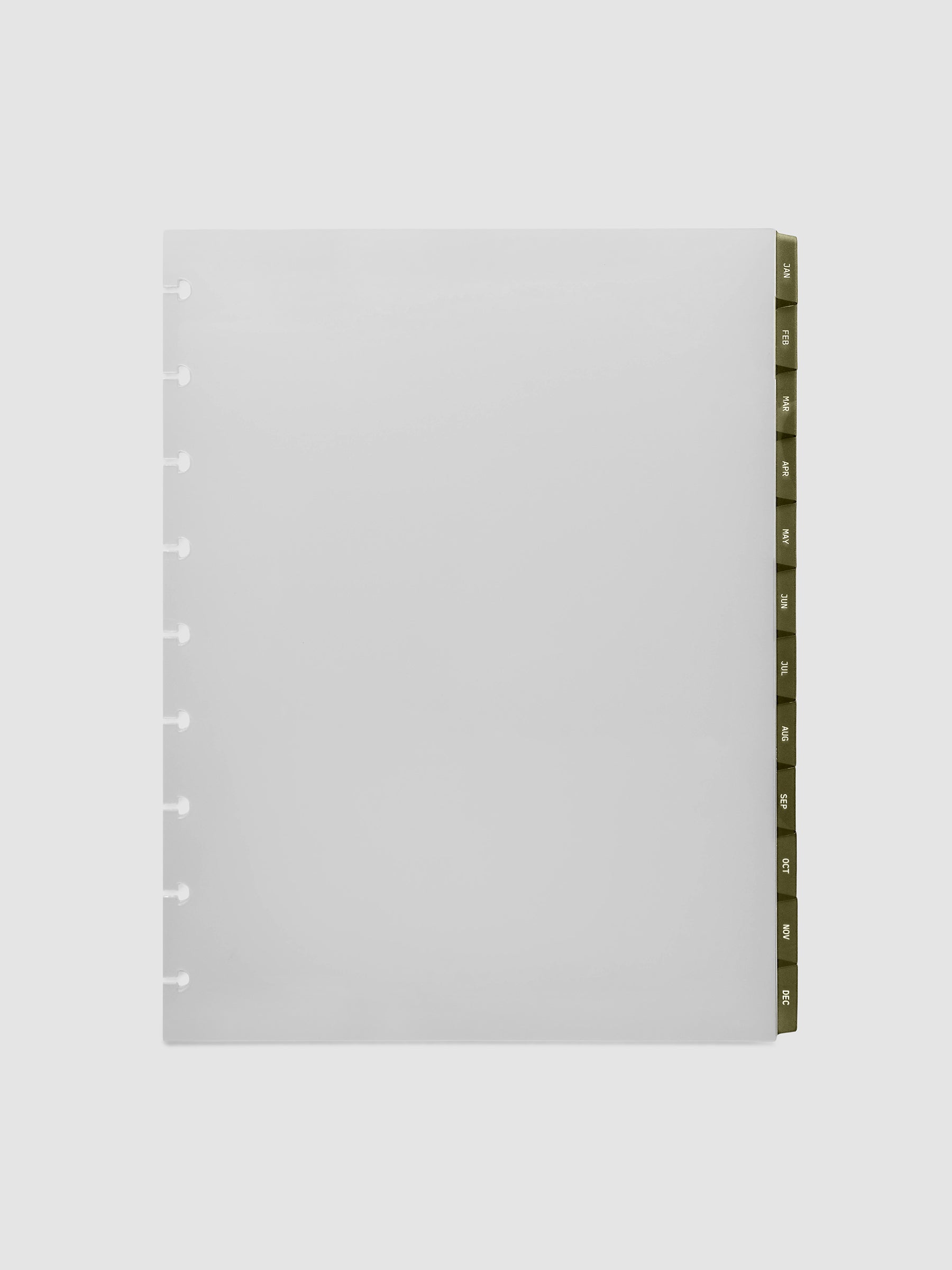 HP Classic 9-Disc Punch Ultra-Thin Monthly Dividers in olive green, set of 12 dividers fanned to show all months