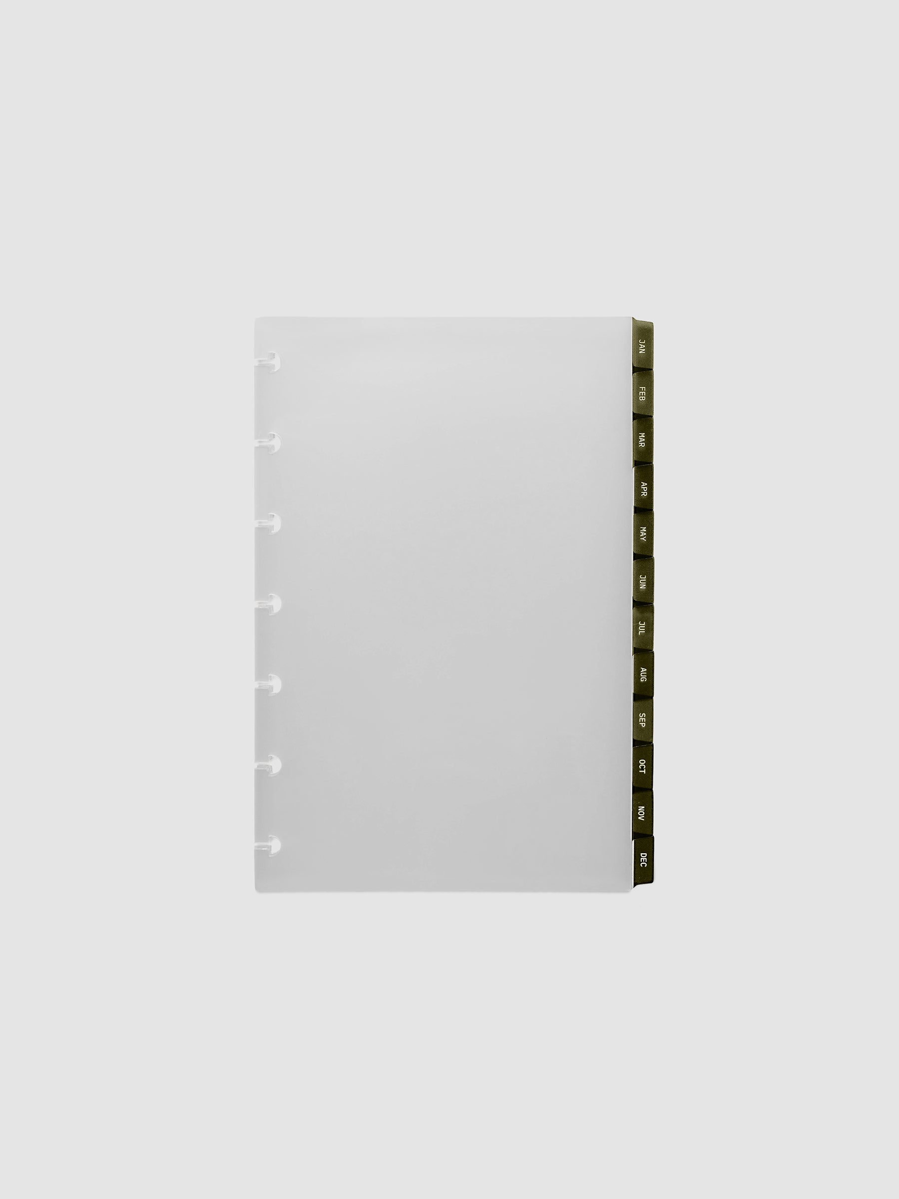 HP Mini 7-Disc Punch Ultra-Thin Monthly Dividers in olive green, set of 12 dividers fanned to show all months