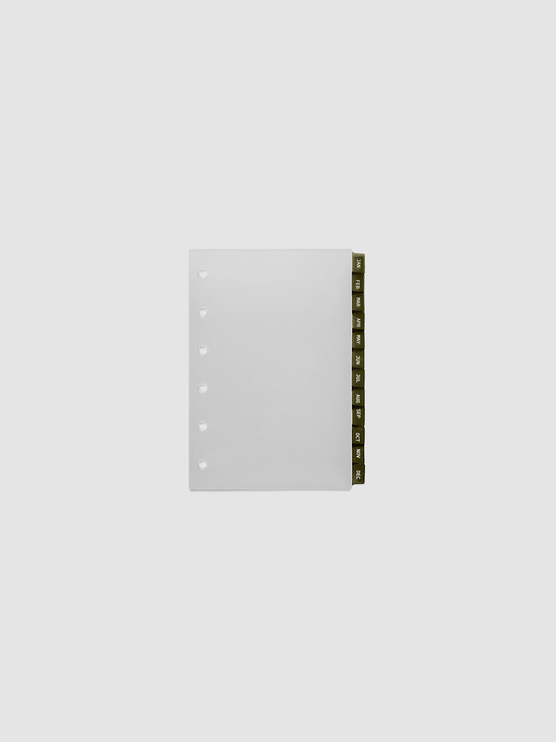 Pocket 6-Ring Punch Ultra-Thin Monthly Dividers in olive green, set of 12 dividers fanned to show all months
