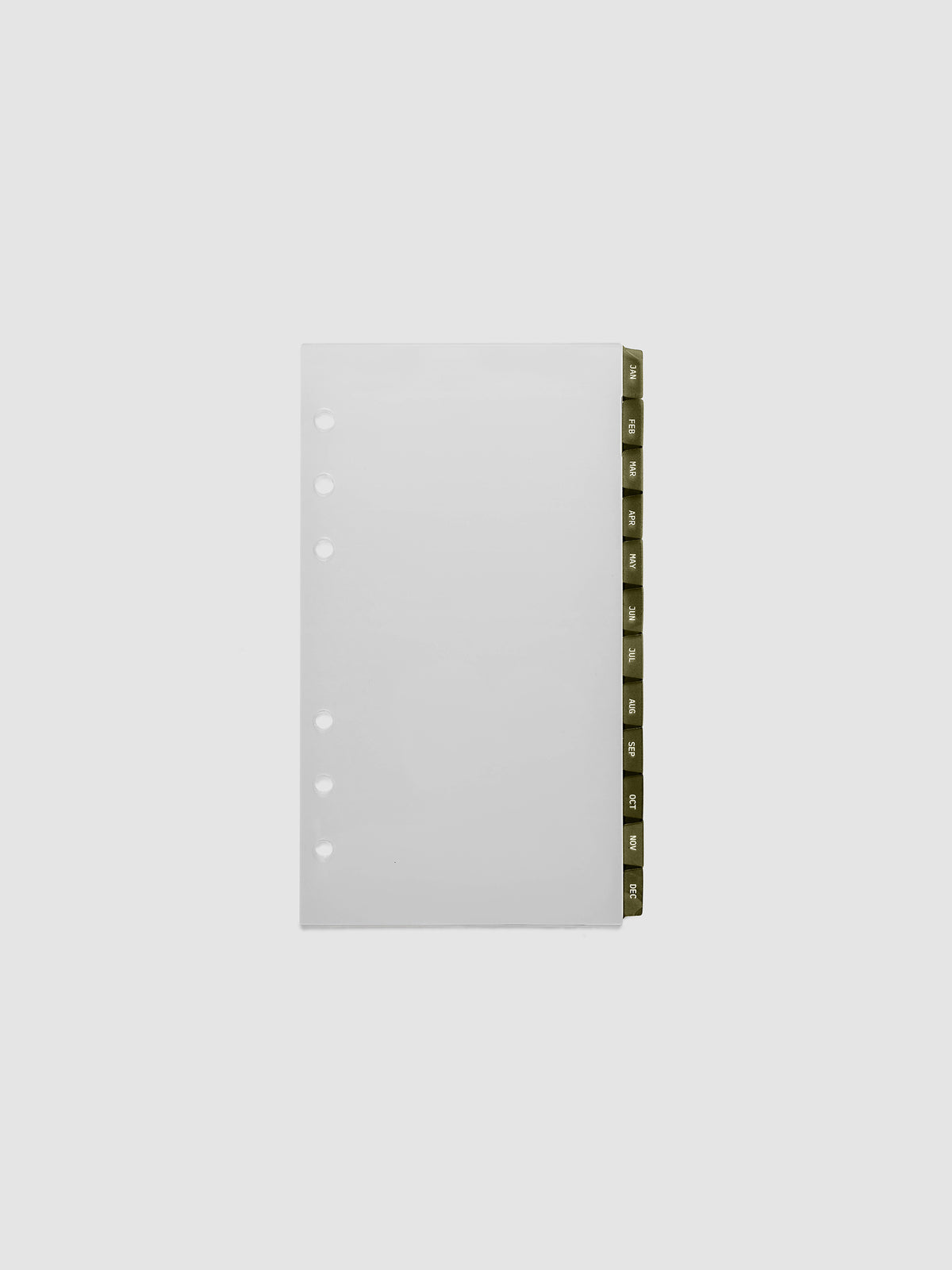 Personal 6-Ring Punch Ultra-Thin Monthly Dividers in olive green, set of 12 dividers fanned to show all months
