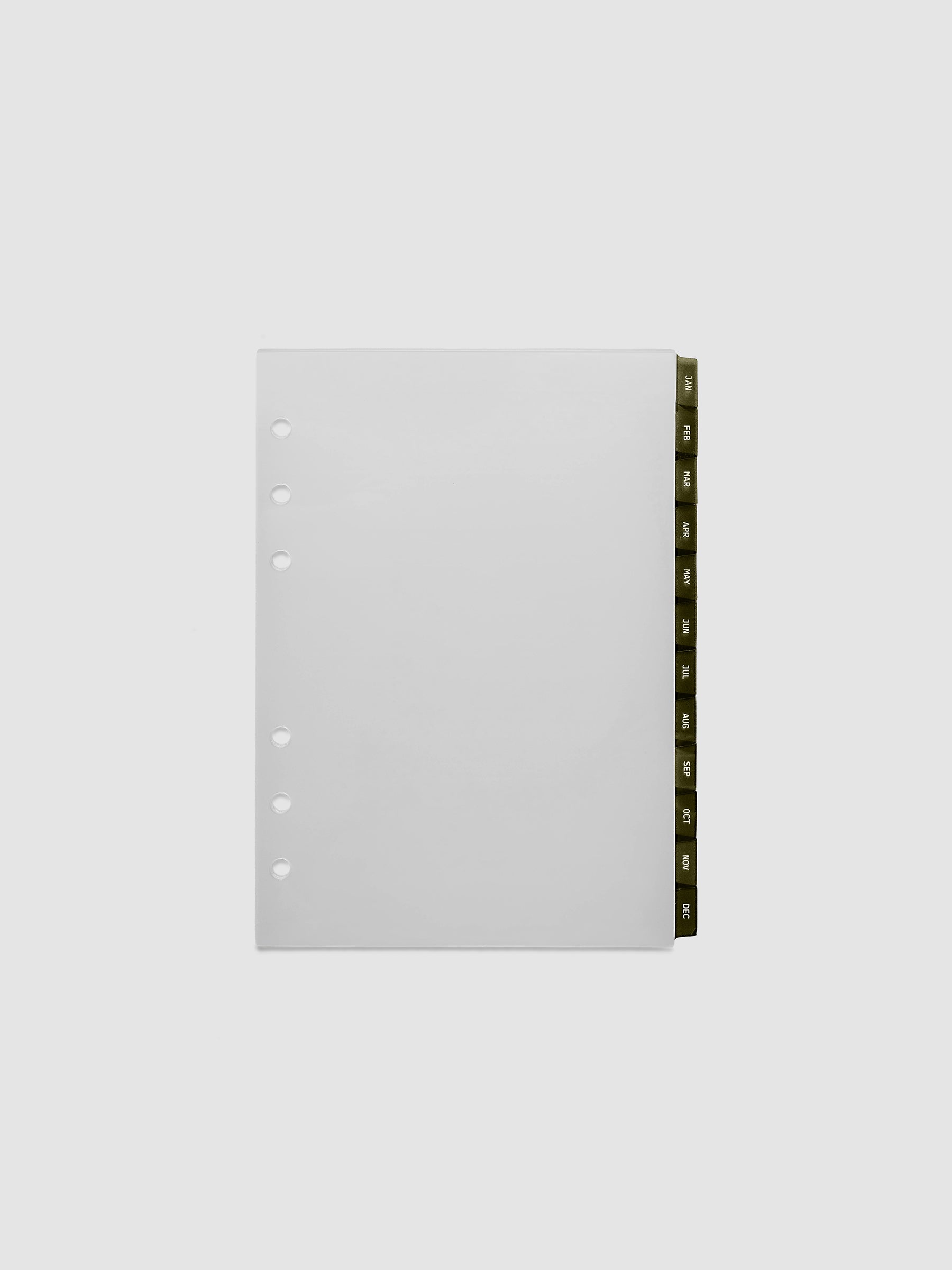 Personal Wide 6-Ring Punch Ultra-Thin Monthly Dividers in olive green, set of 12 dividers fanned to show all months