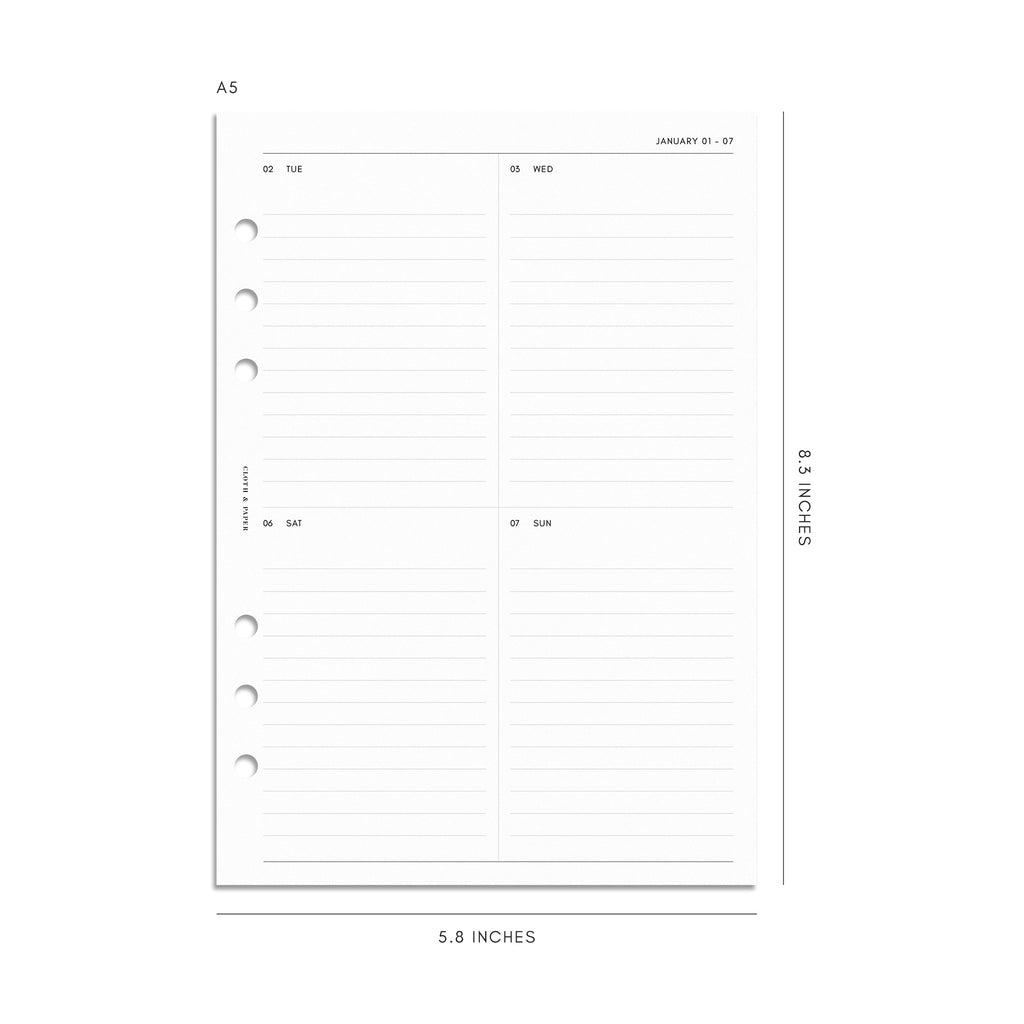 Digital mockup of 2024 Dated Planner Inserts | Vertical Weekly. Size shown is A5.