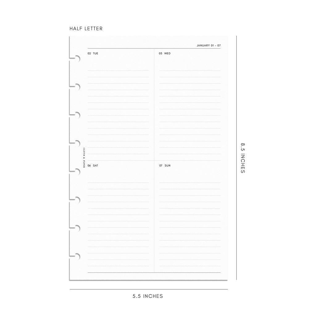 Digital mockup of 2024 Dated Planner Inserts | Vertical Weekly. Size shown is Half Letter. 