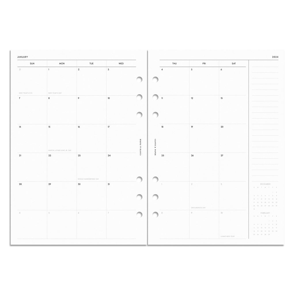 2024 Dated Planner Inserts, Monthly Sunday Start, Cloth and Paper. Digital mockup of inserts in A5.