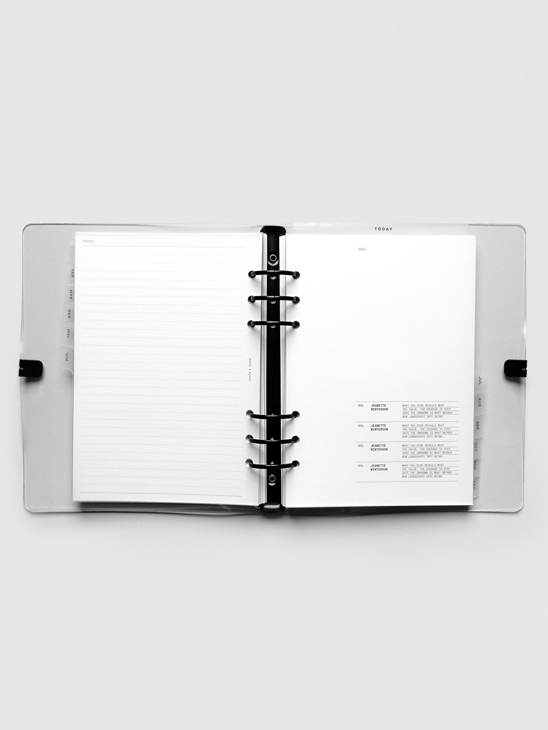 2026 Dated Planner Bundle Horizontal Weekly Monday Start in size A5 shown open in a Clear Vinyl Agenda.