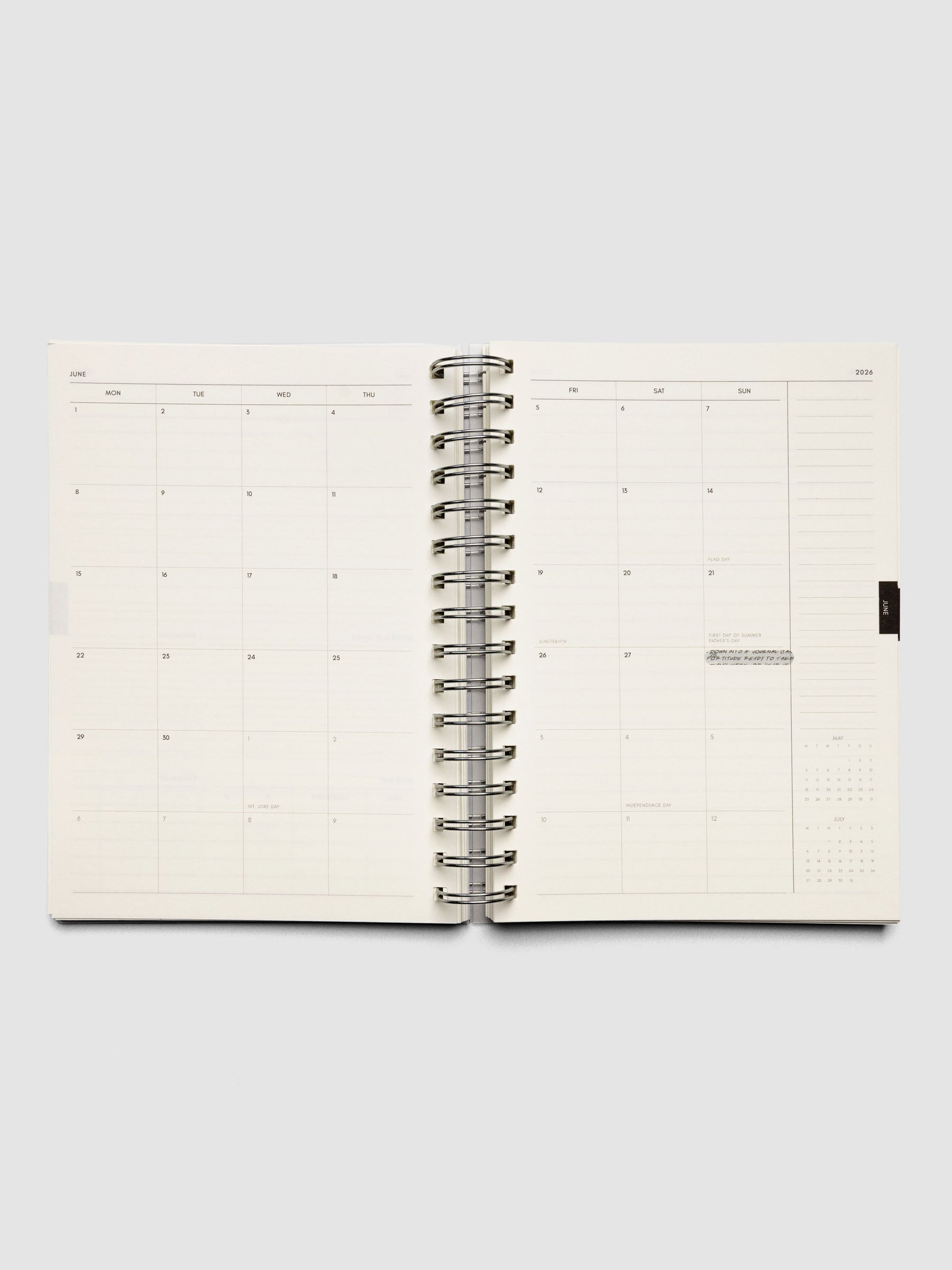 Inside of the 2026 Weekly Horizontal Notebook | Monday Start | A5 Spiral on a monthly overview page.