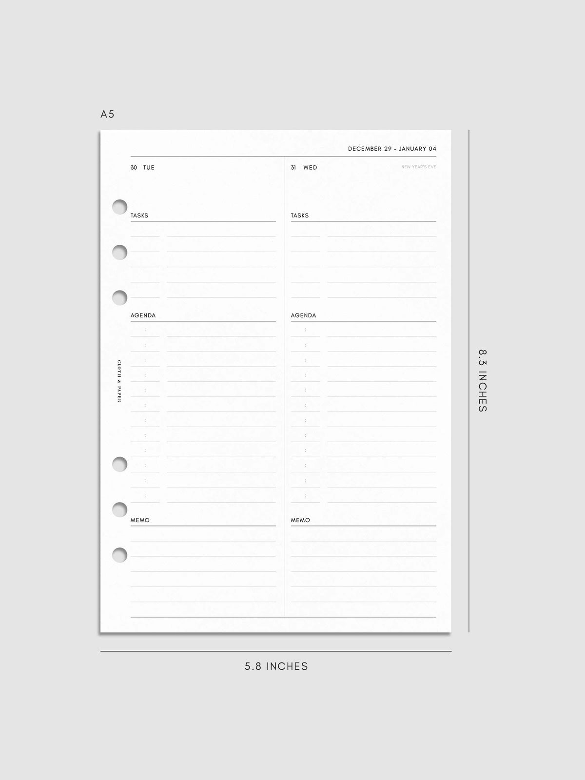 Digital mockup of insert in A5. Daily spread shown.