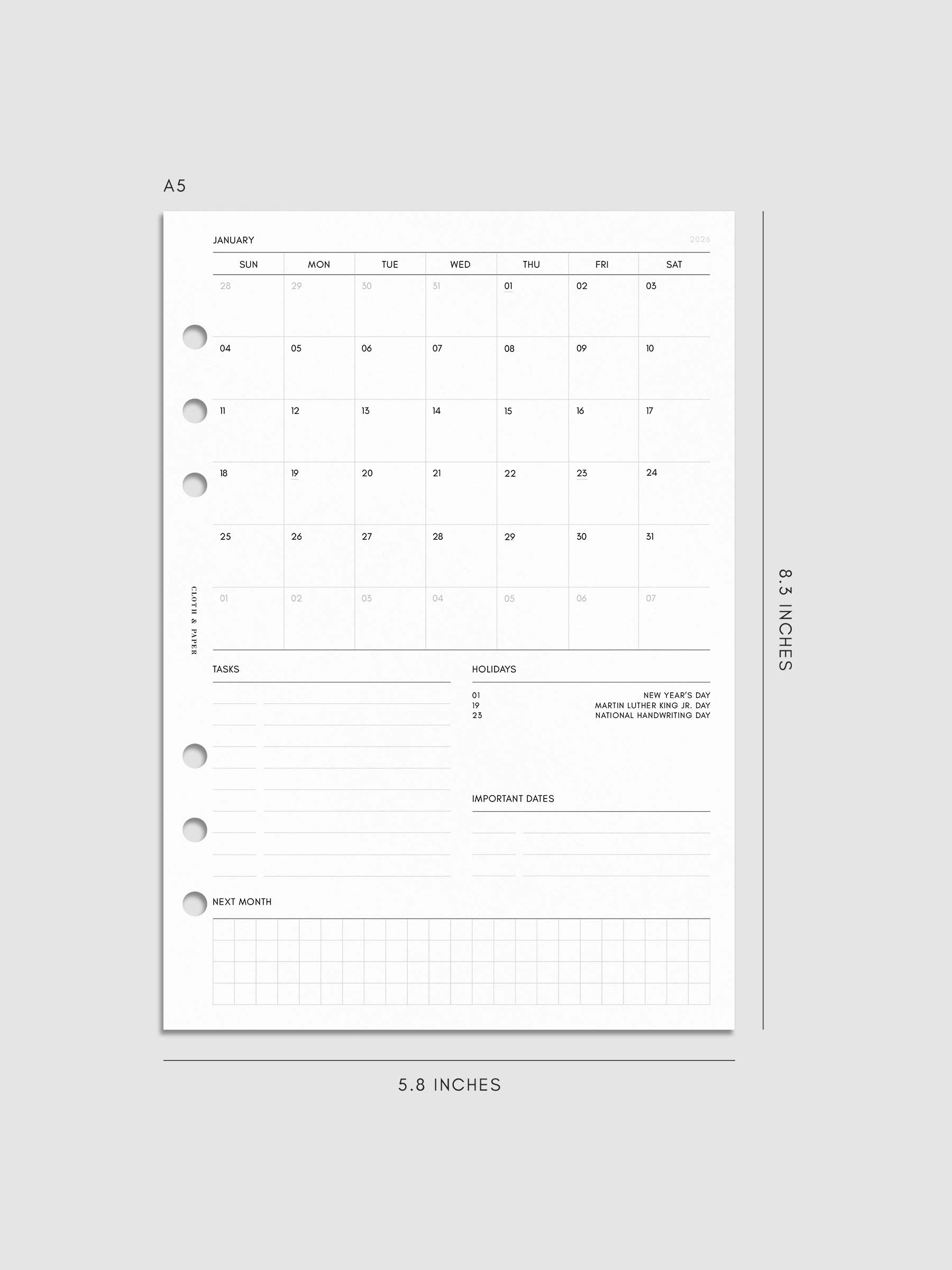 Digital mock-up of the monthly spread in A5.