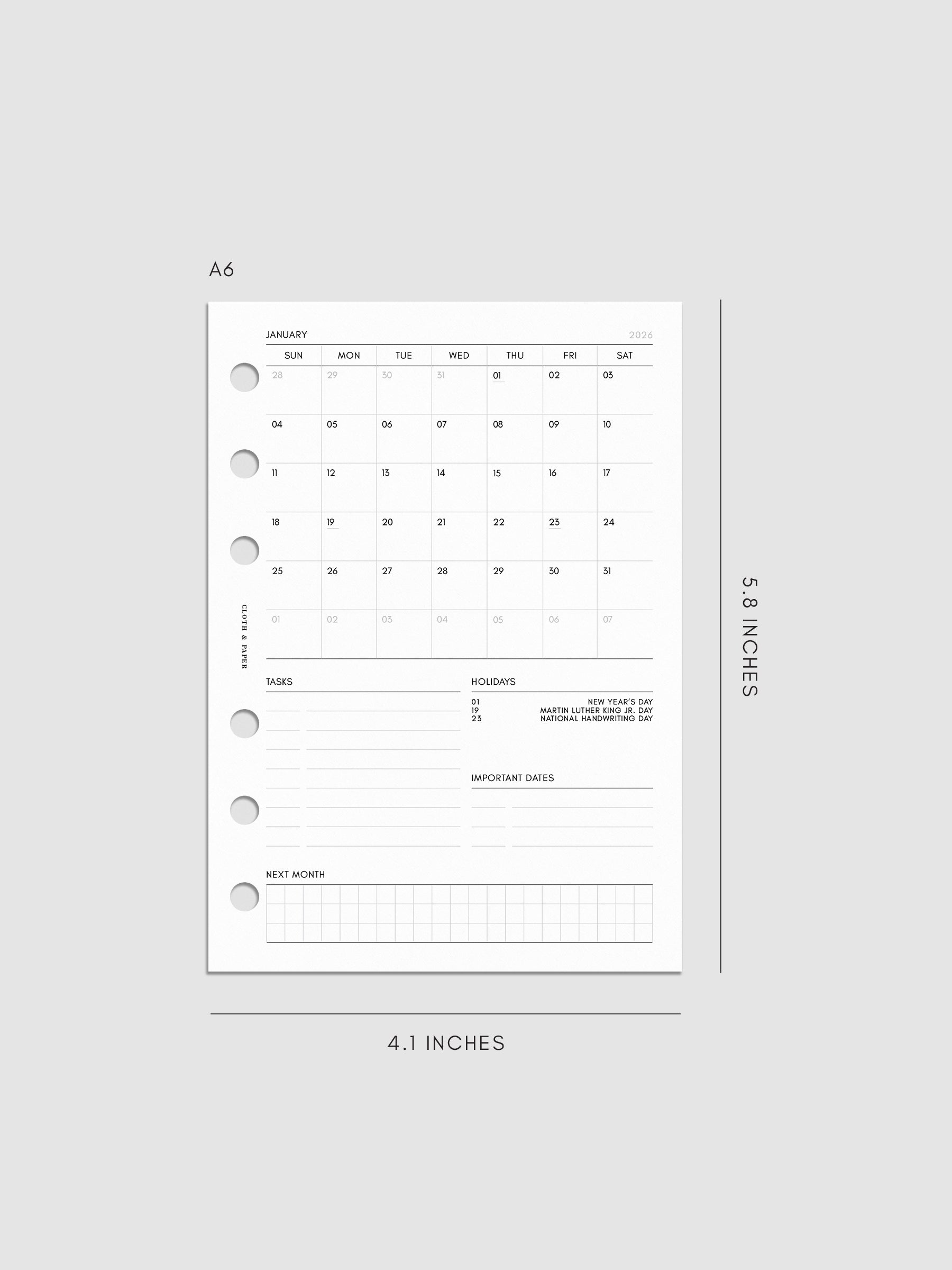Digital mock-up of the monthly spread in A6.
