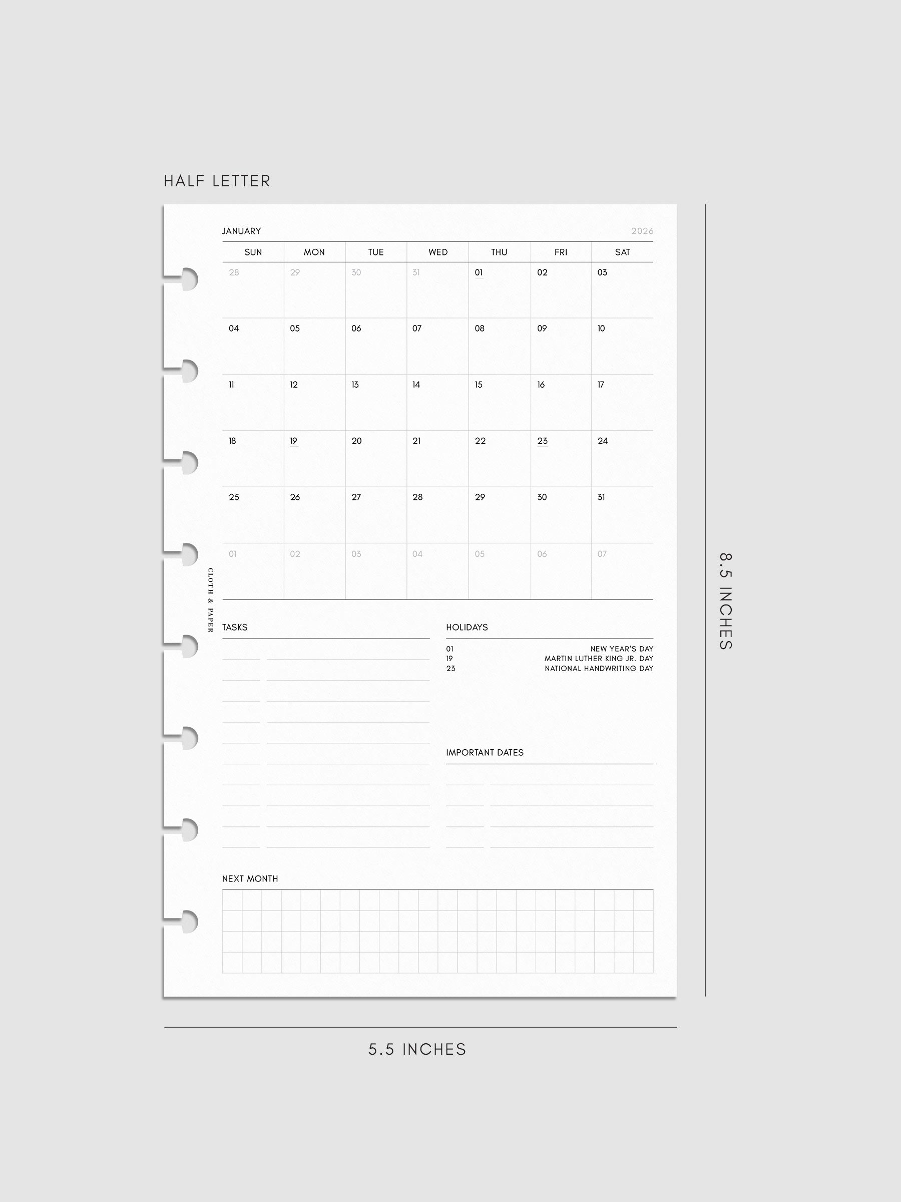 Digital mock-up of the monthly spread in Half Letter.