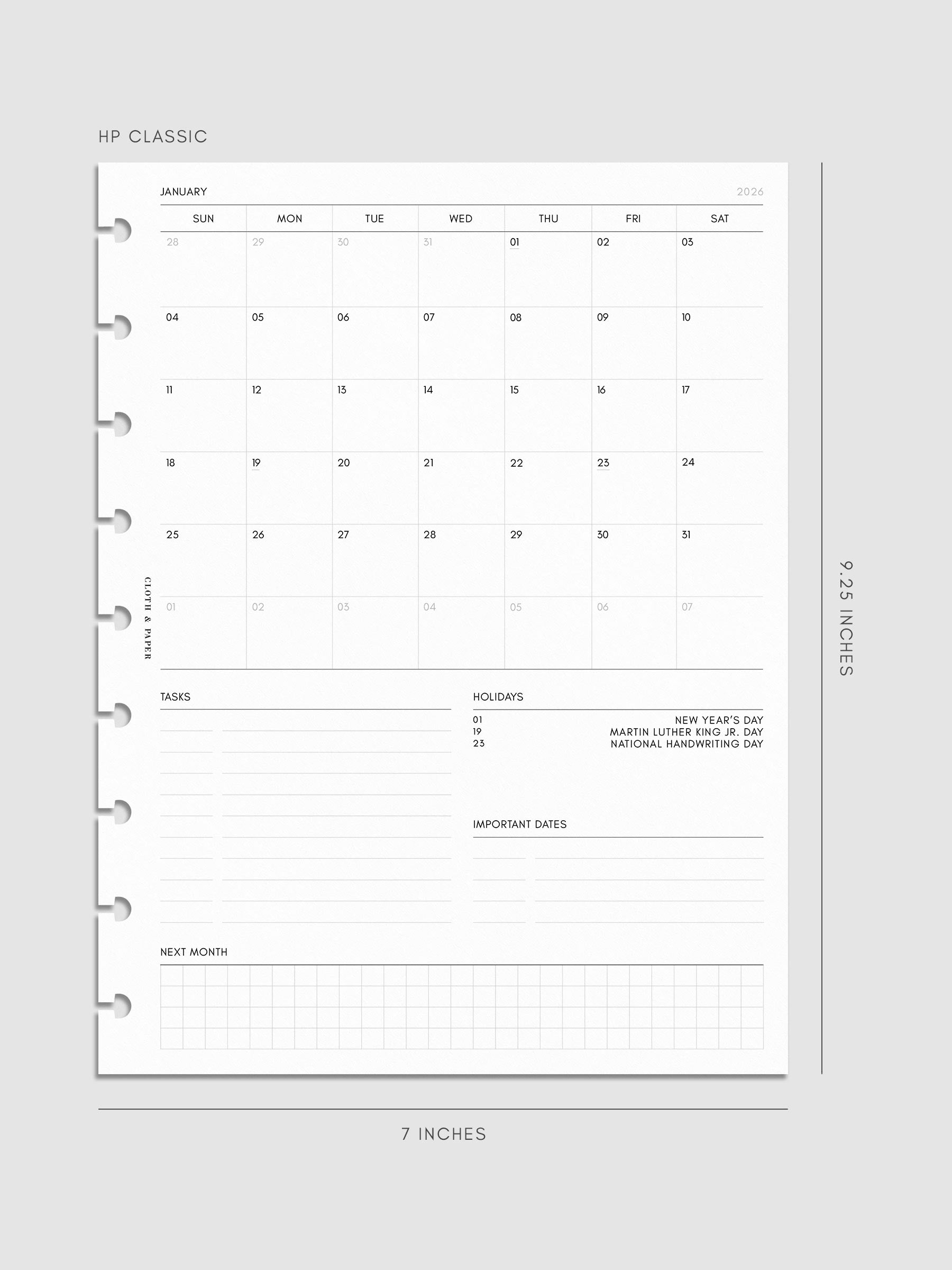Digital mock-up of the monthly spread in HP Classic.