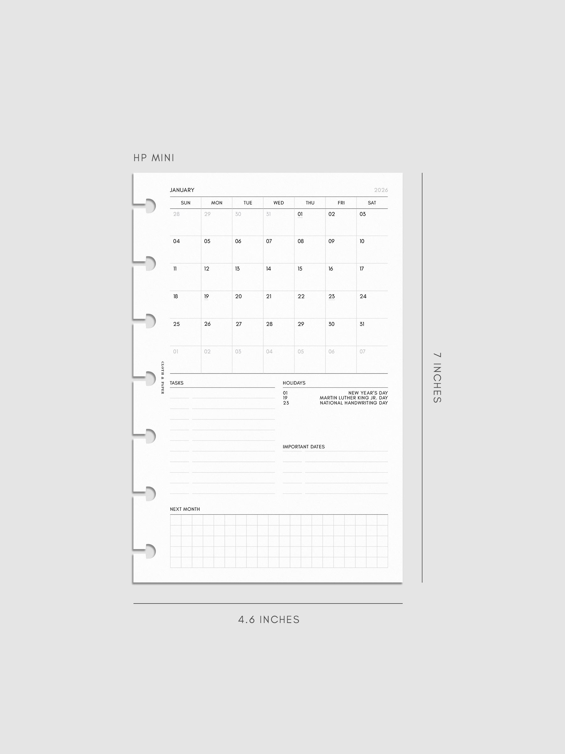Digital mock-up of the monthly spread in HP Mini.