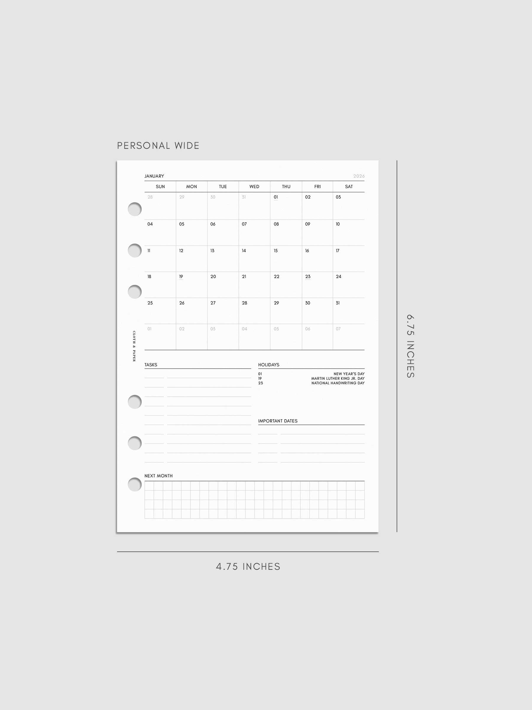 Digital mock-up of the monthly spread in Personal Wide.