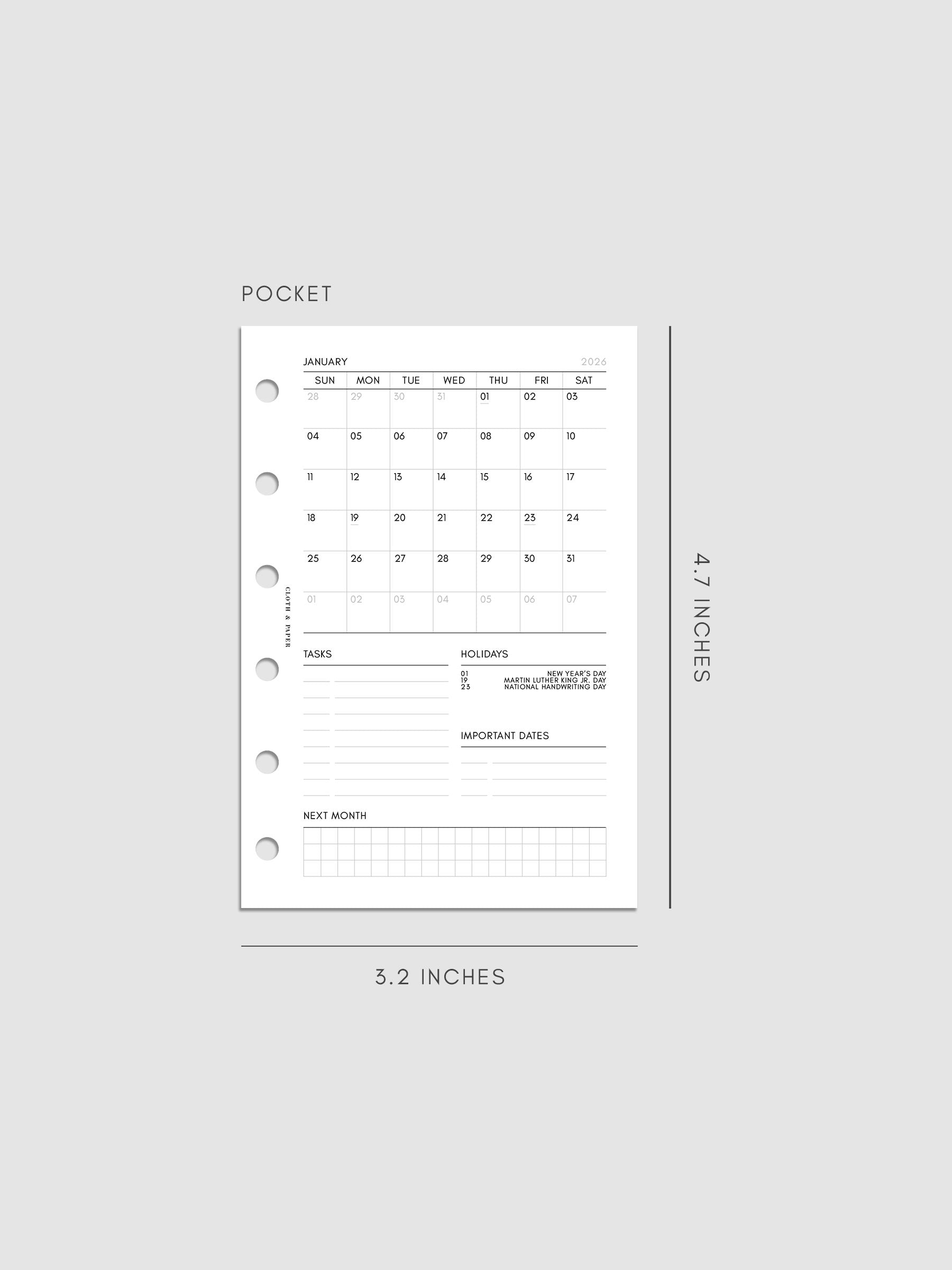 Digital mock-up of the monthly spread in Pocket.