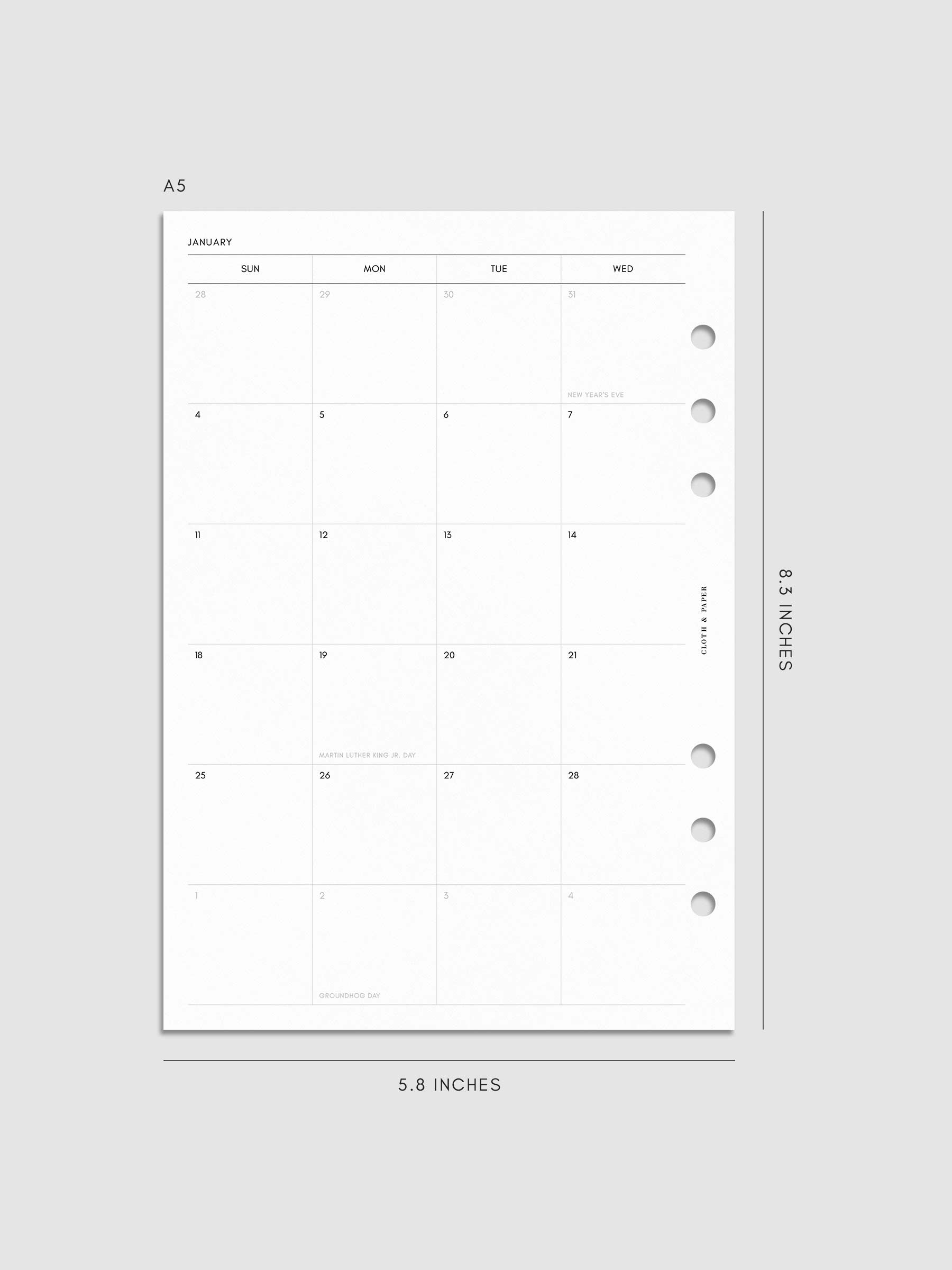 Digital mock-up of the monthly spread in A5.