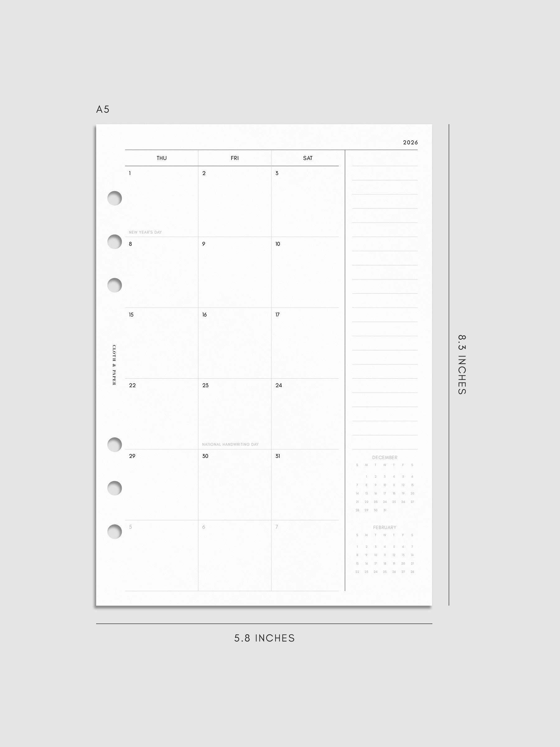 Digital mock-up of the monthly spread in A5.