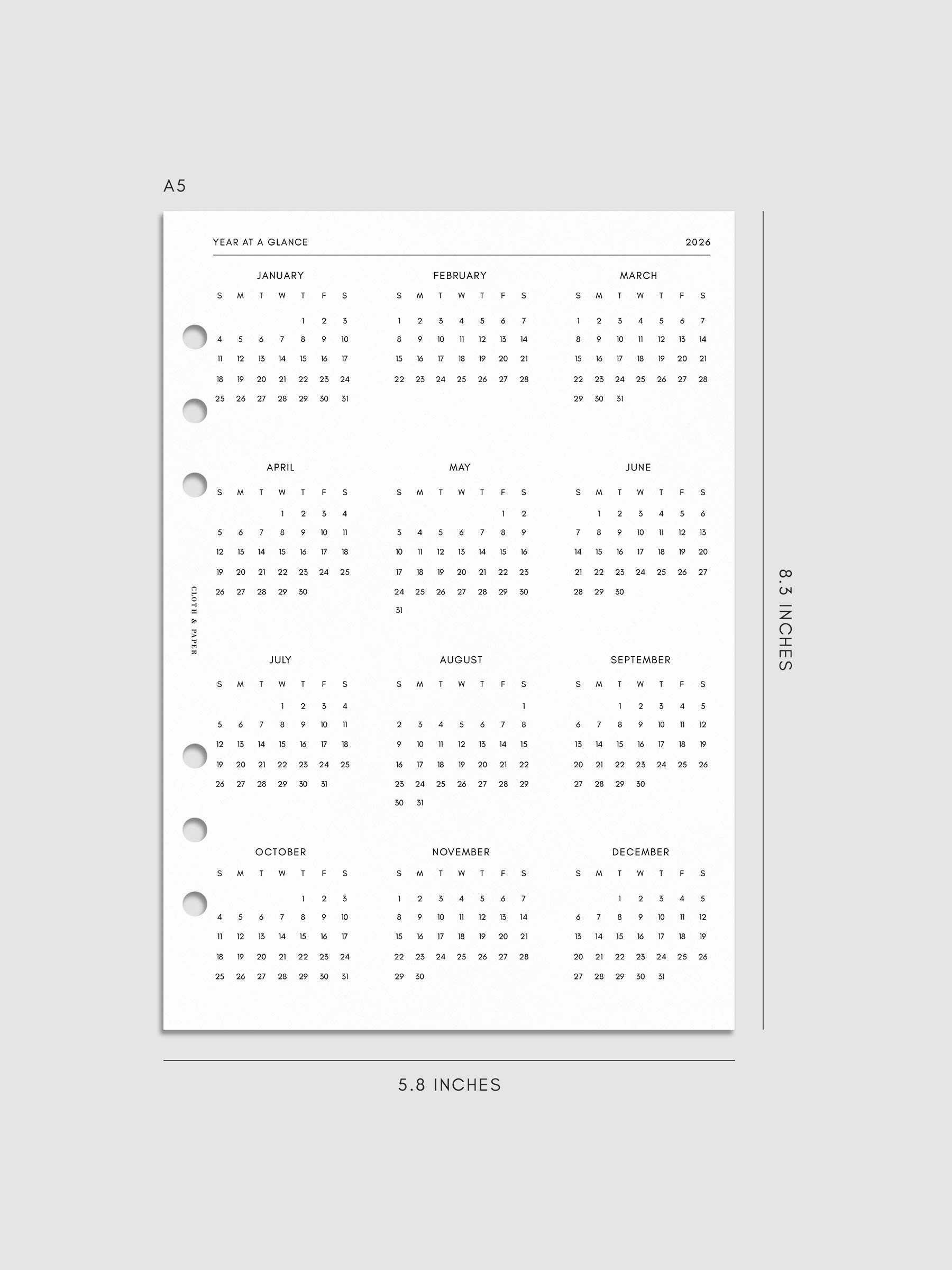 Digital mock-up of the Year at a Glance page in A5.