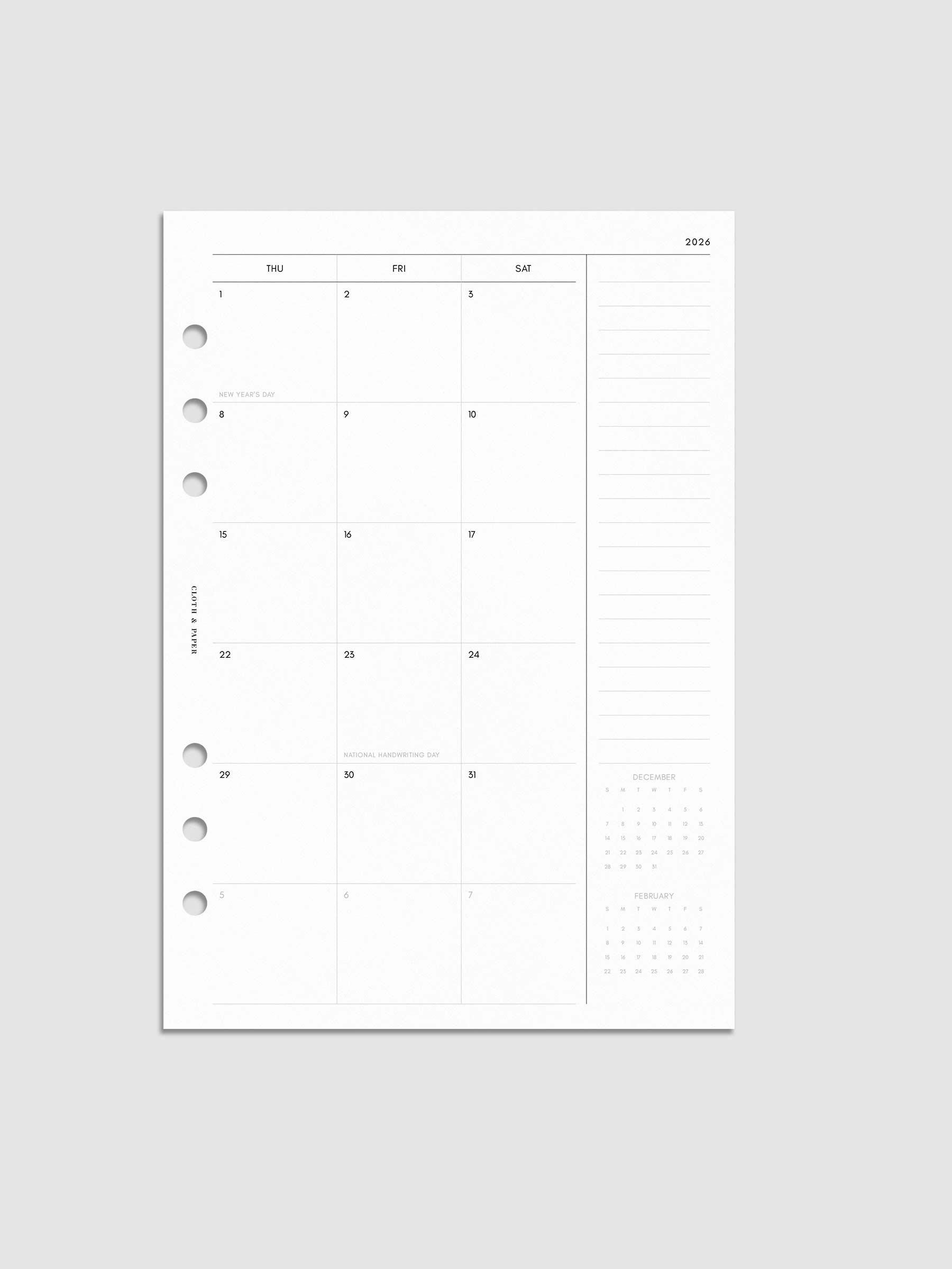 Digital mock-up of the monthly spread for the Sunday Start 2026 Dated Monthly Planner Inserts.