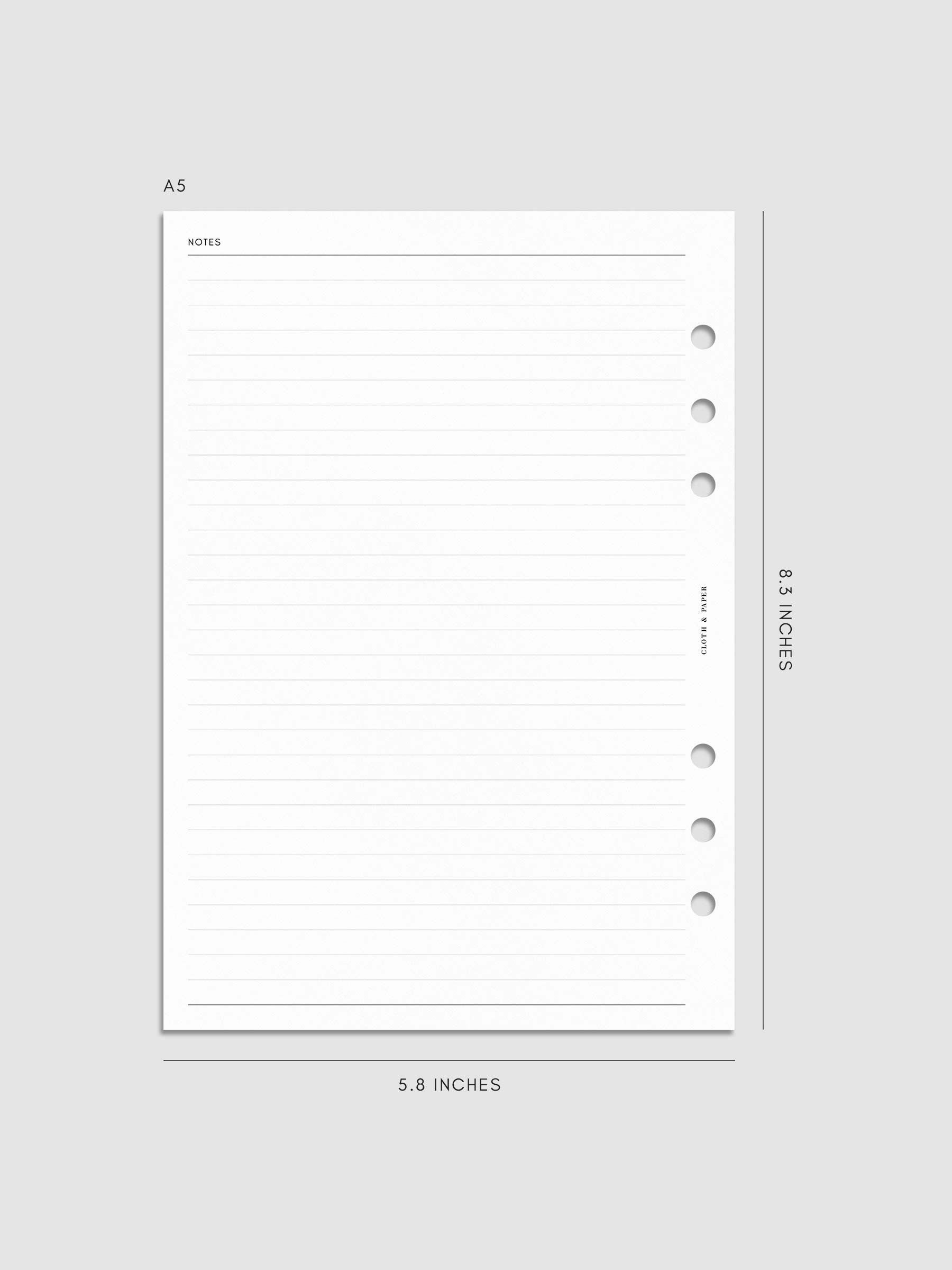 Digital mock-up of a lined page in A5.