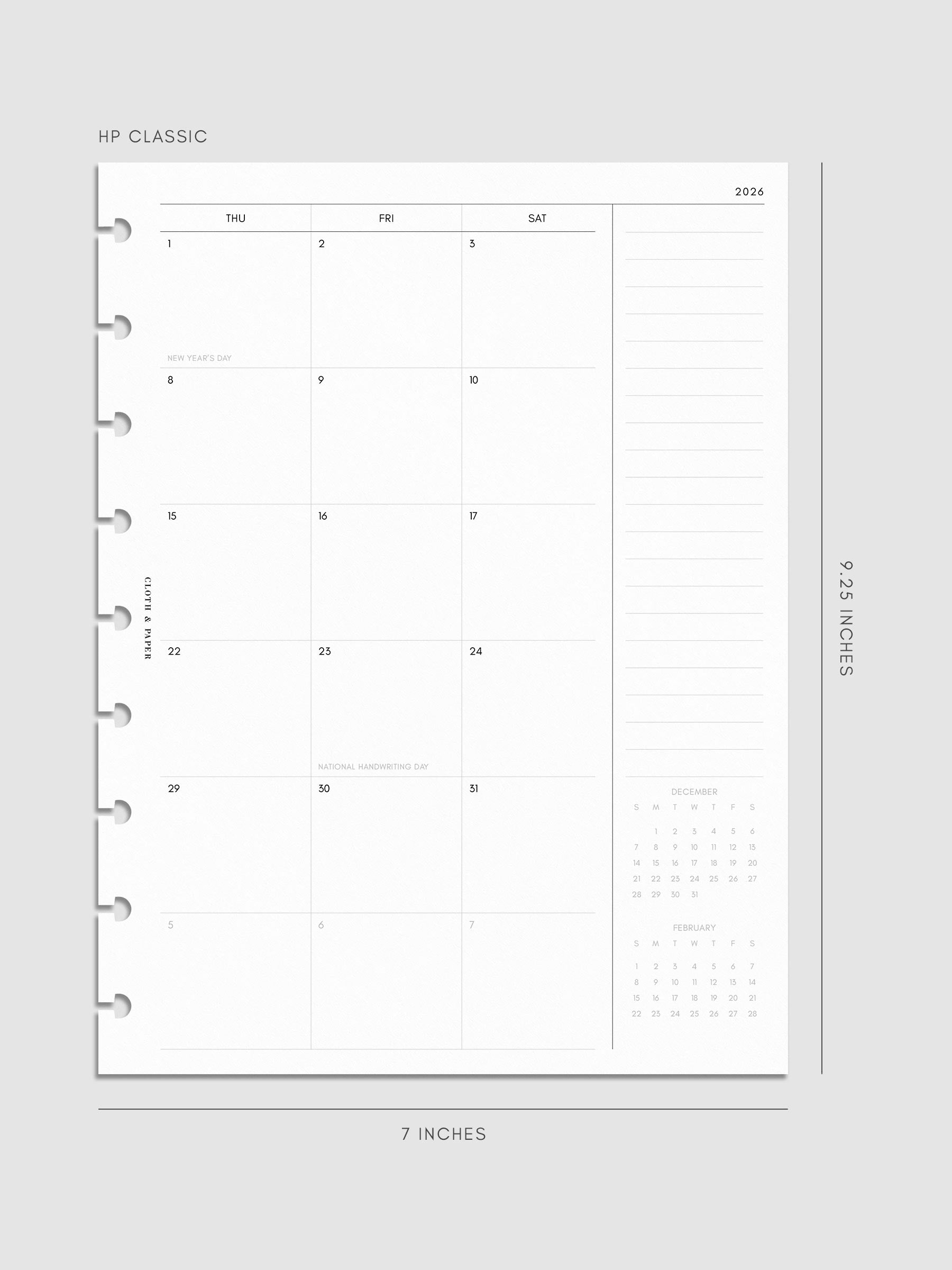Digital mock-up of the monthly spread in HP Classic.