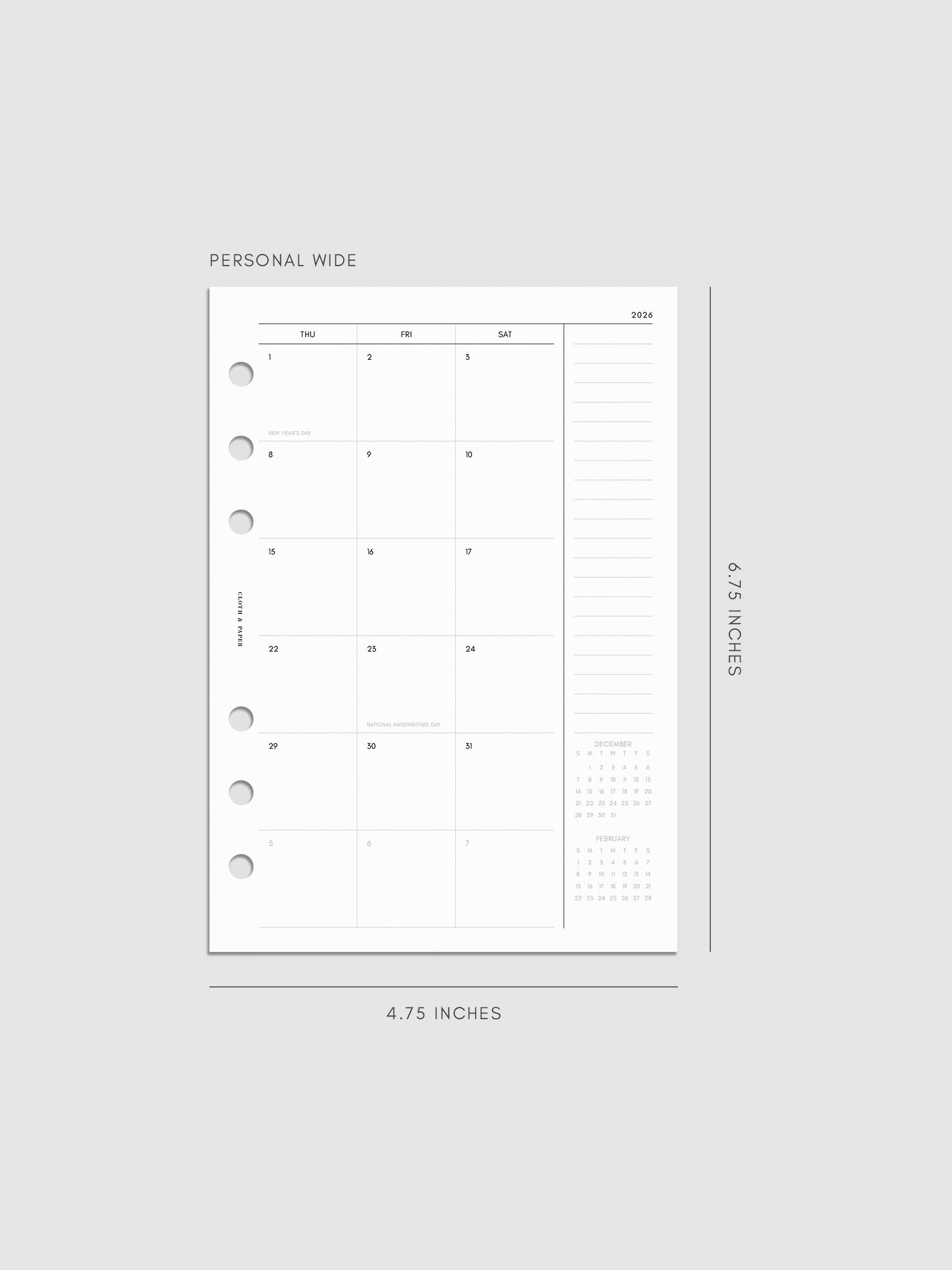 Digital mock-up of the monthly spread in Personal Wide.