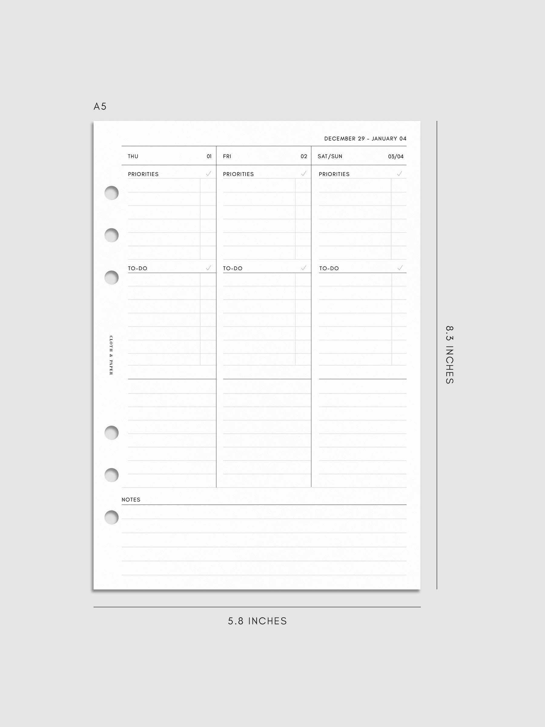 Digital mock-up of the weekly overview in A5.