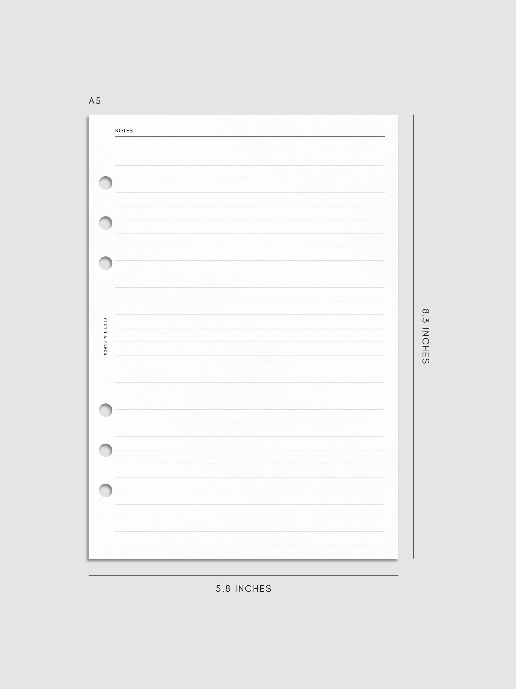 Digital mock-up of the lined notes page in A5.