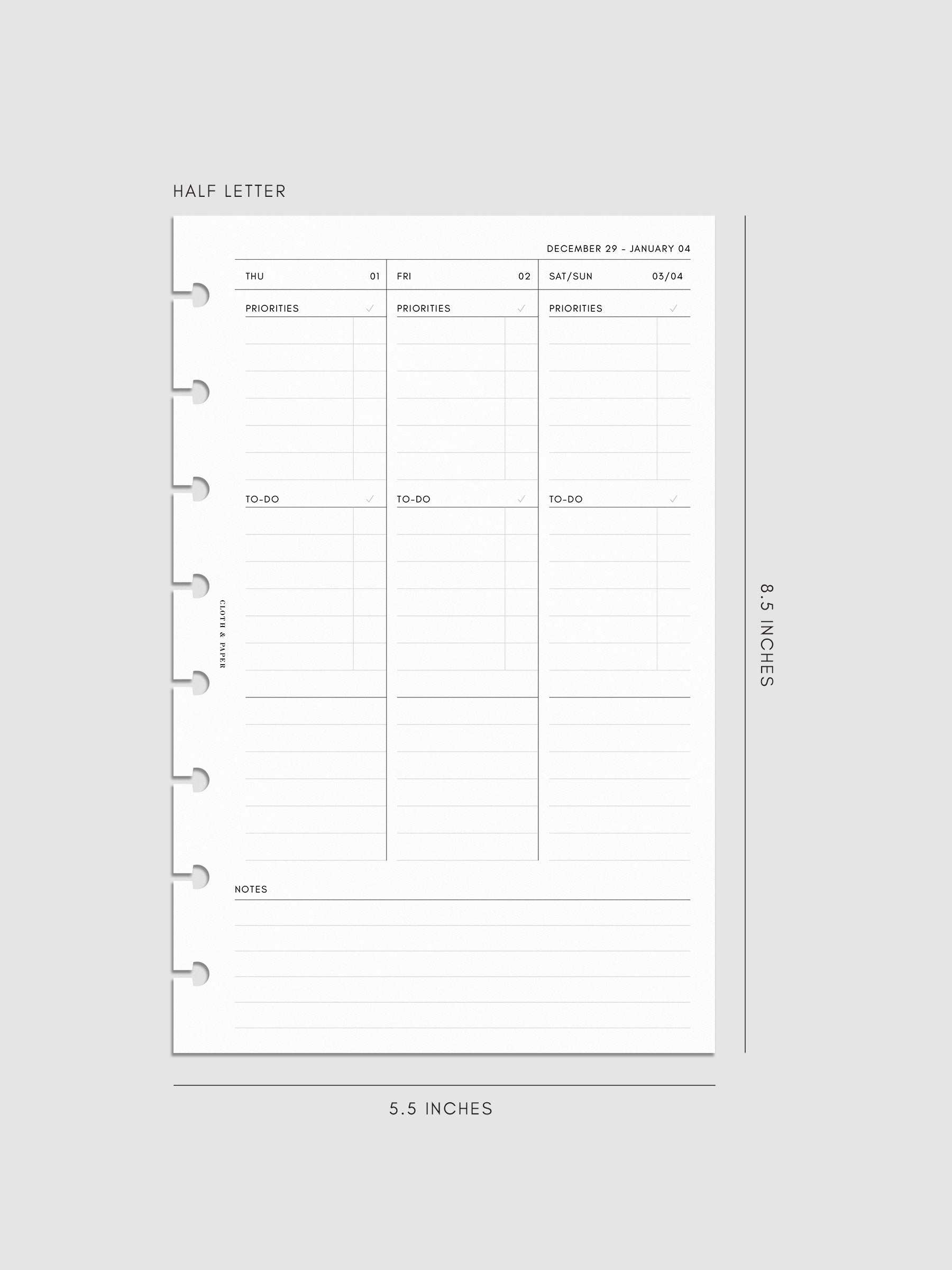 Digital mock-up of the weekly overview in Half Letter.