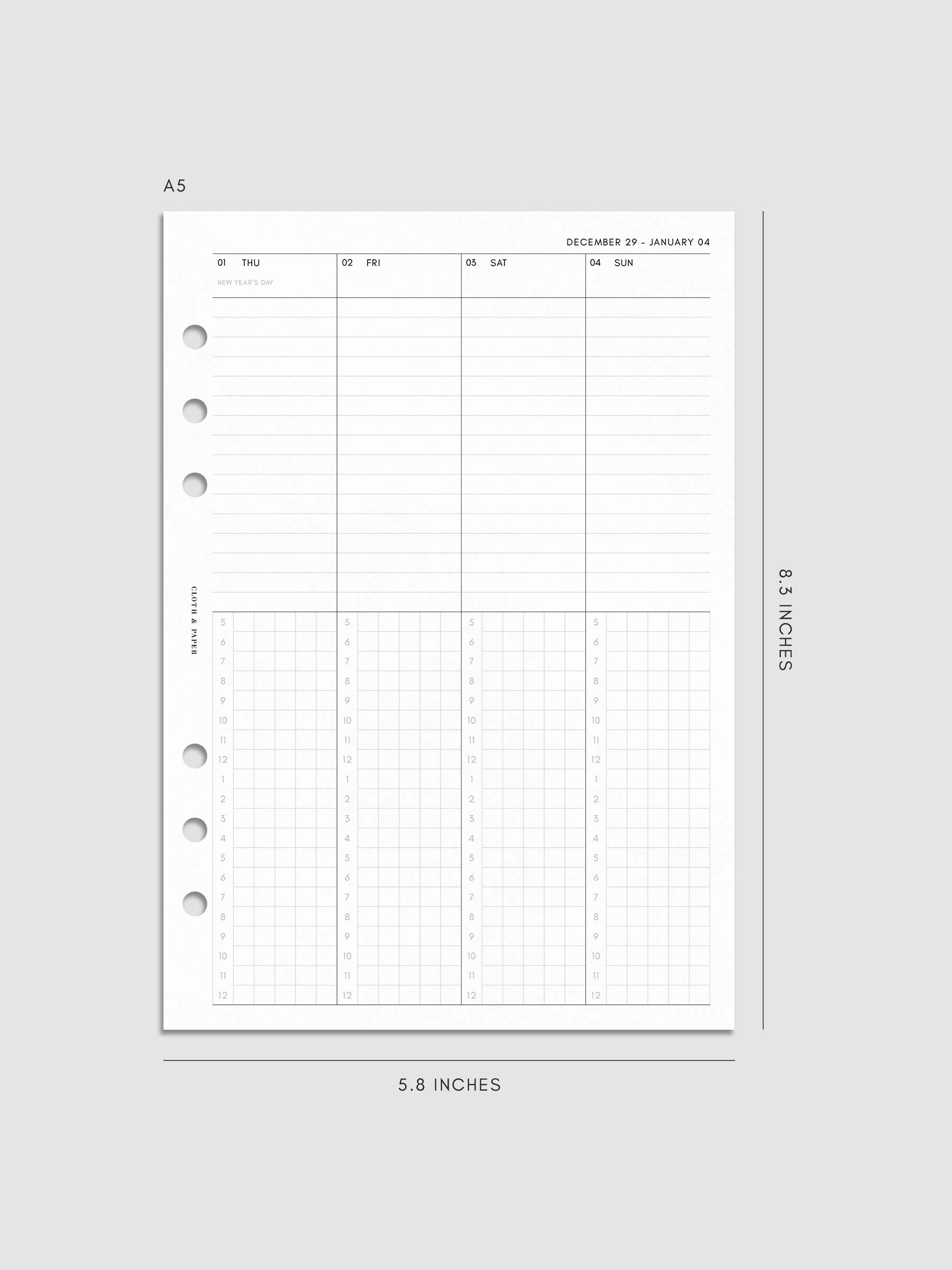 Digital mock-up of the weekly spread in A5.