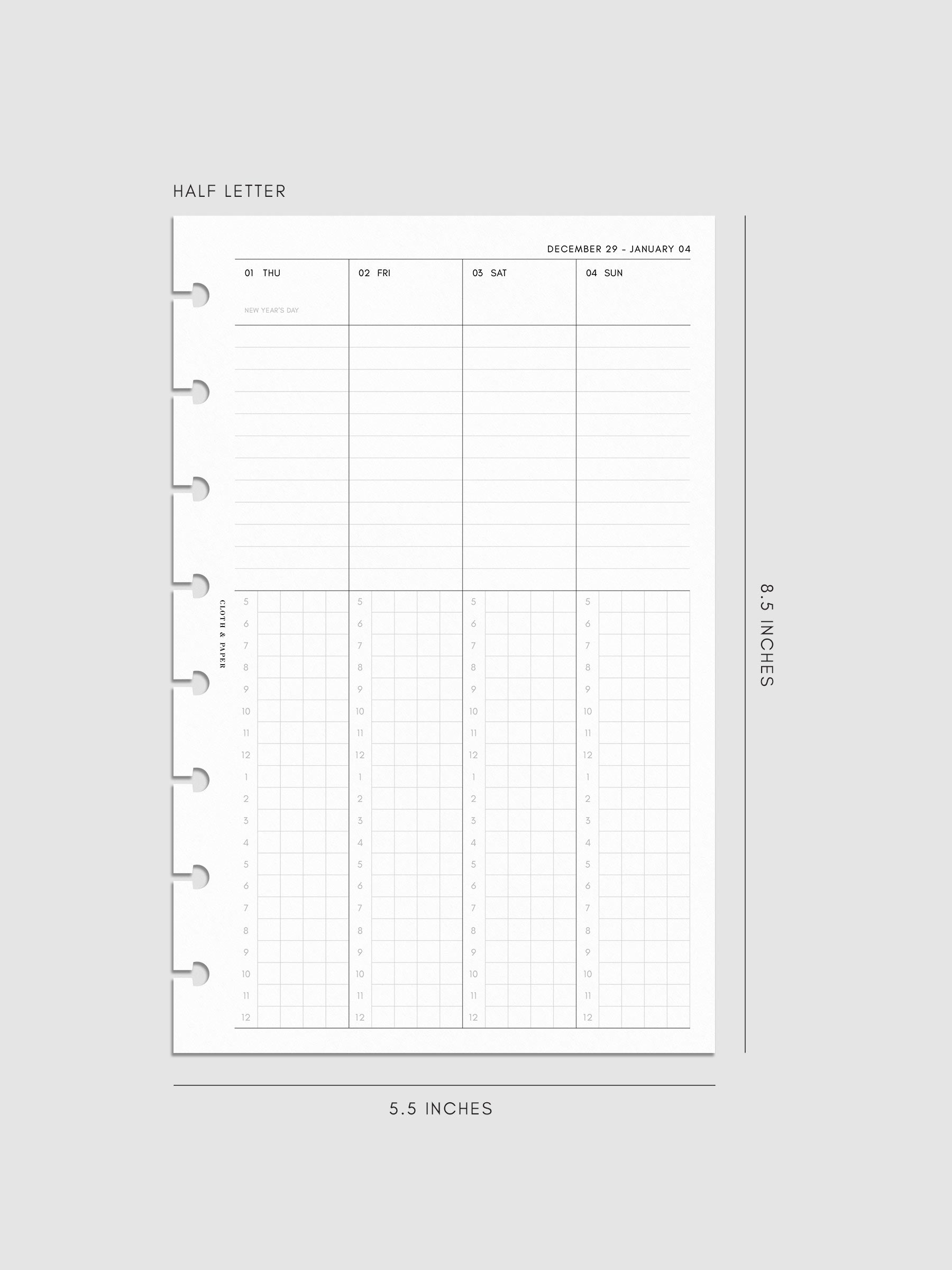 Digital mock-up of the weekly spread in Half Letter.