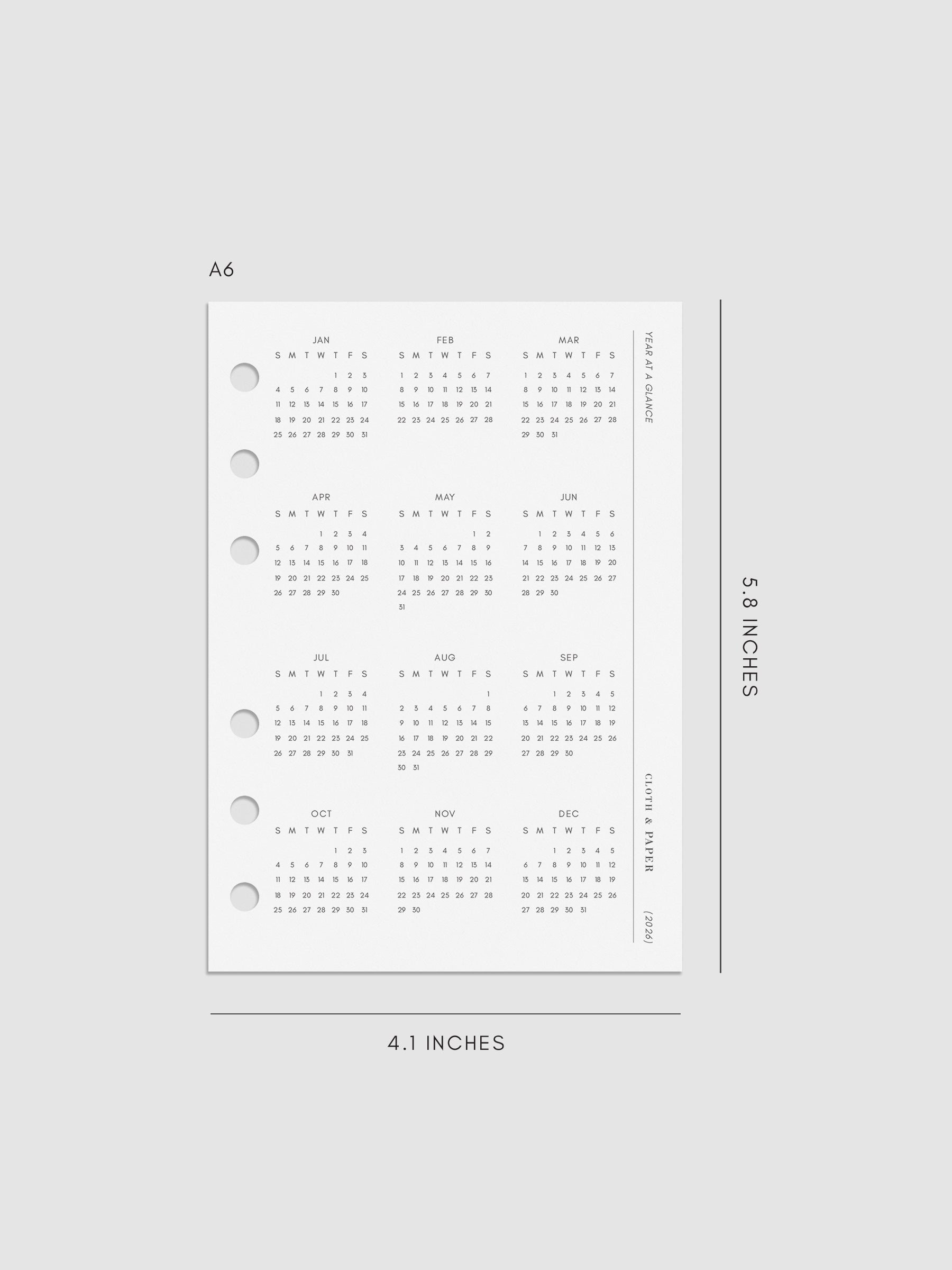 Digital mock-up of the 2026 Year At A Glance Planner Dashboard in A6.