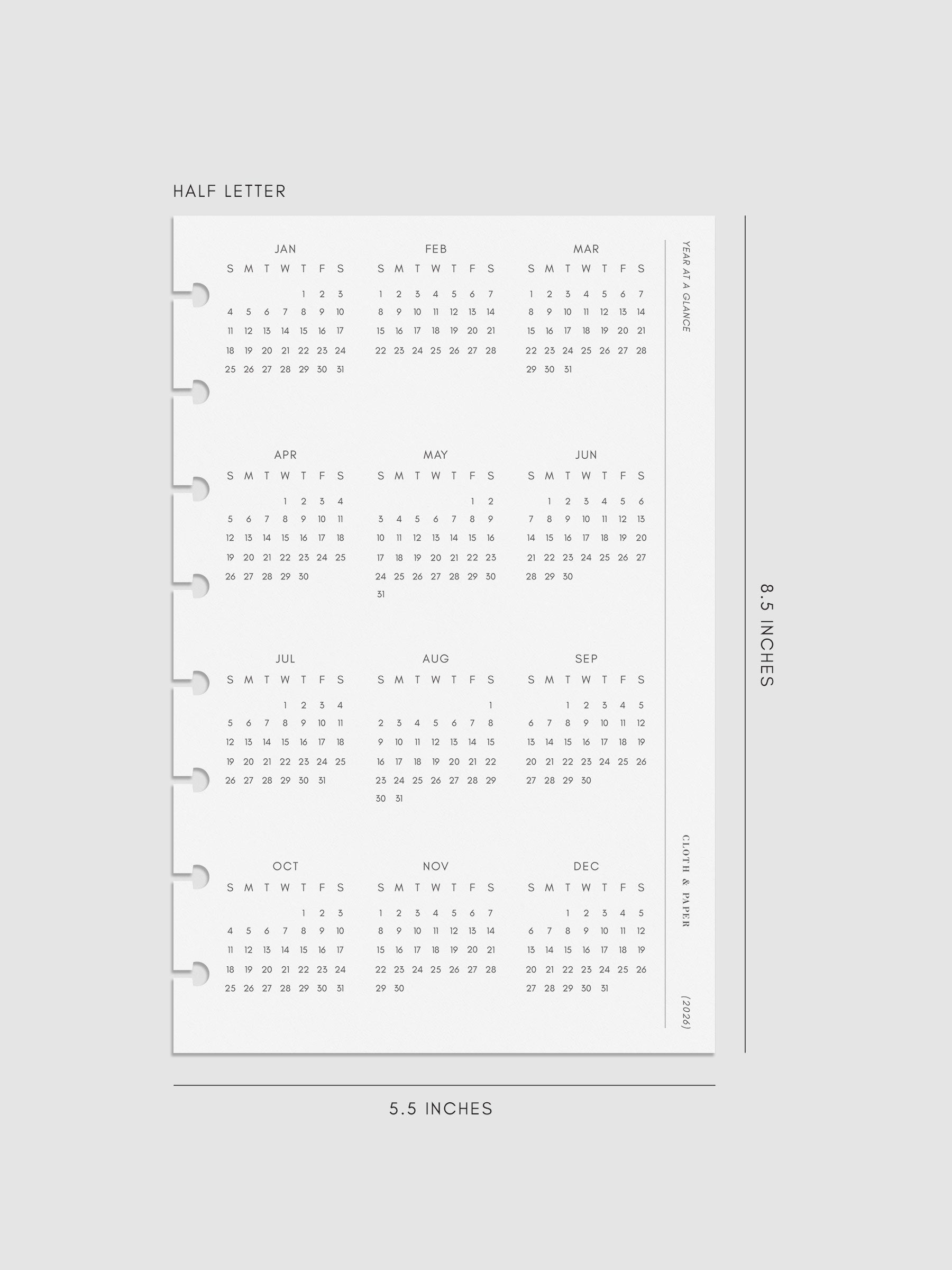 Digital mock-up of the 2026 Year At A Glance Planner Dashboard in Half Letter.