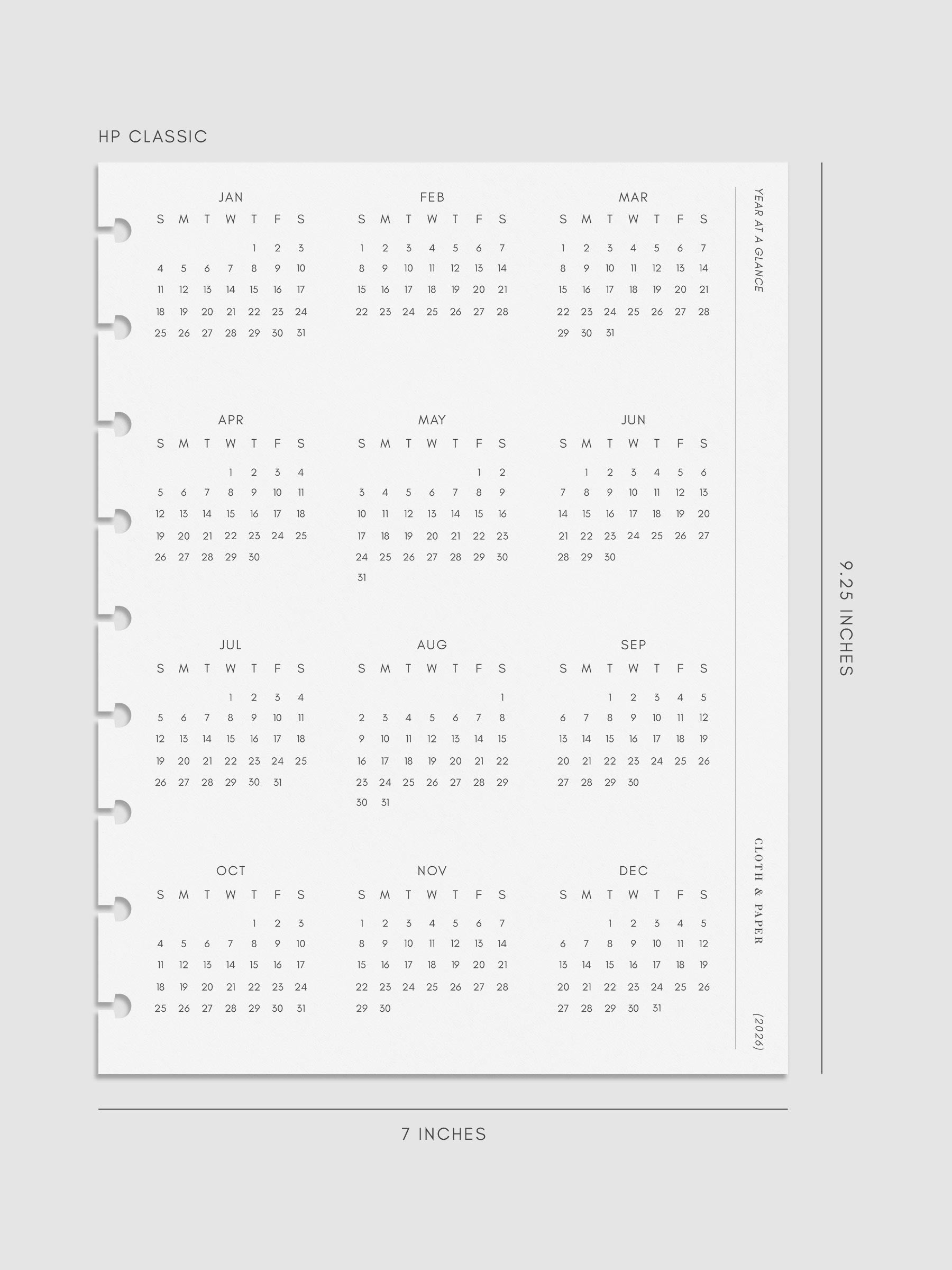 Digital mock-up of the 2026 Year At A Glance Planner Dashboard in HP Classic.
