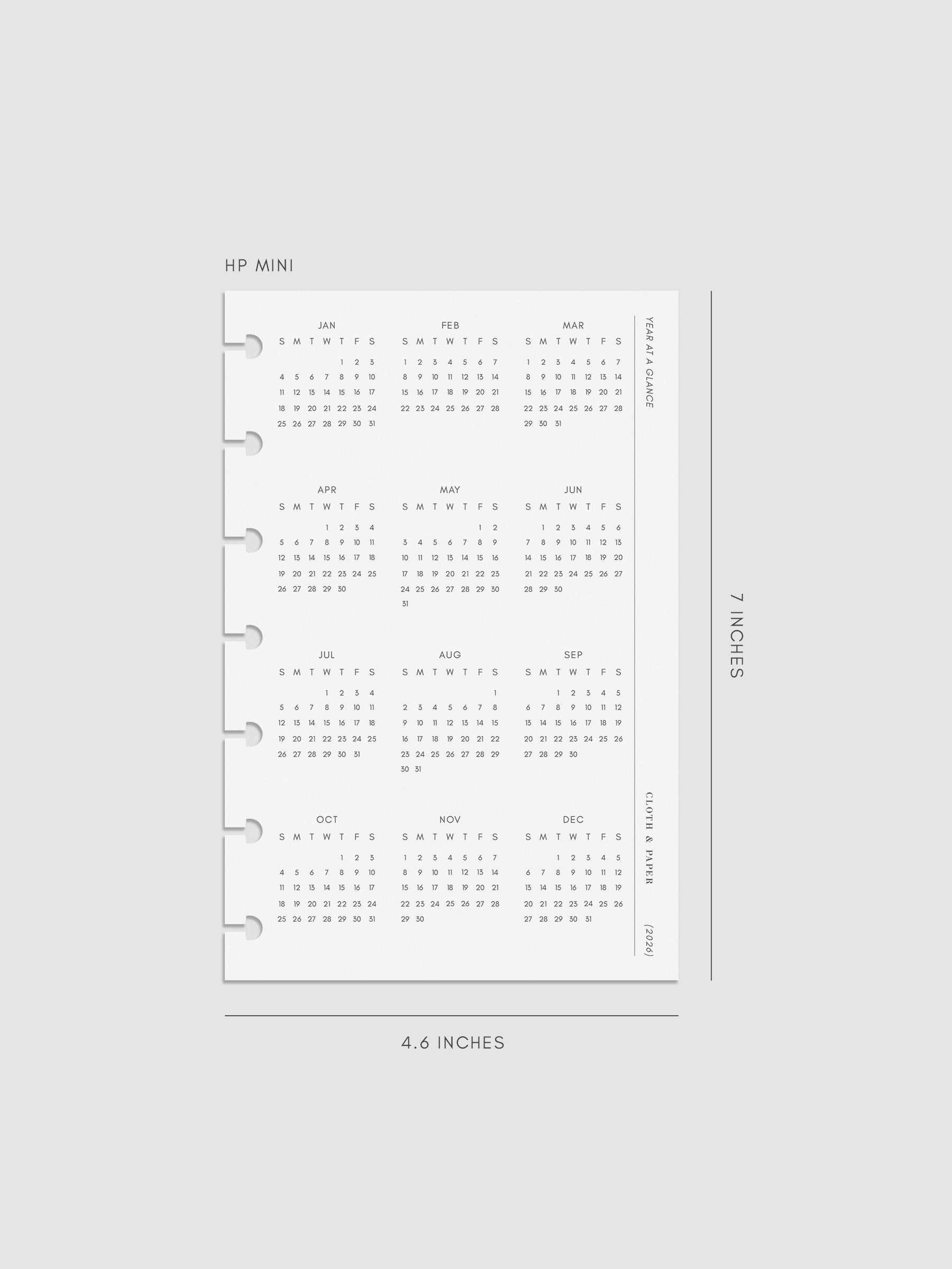 Digital mock-up of the 2026 Year At A Glance Planner Dashboard in HP Mini.