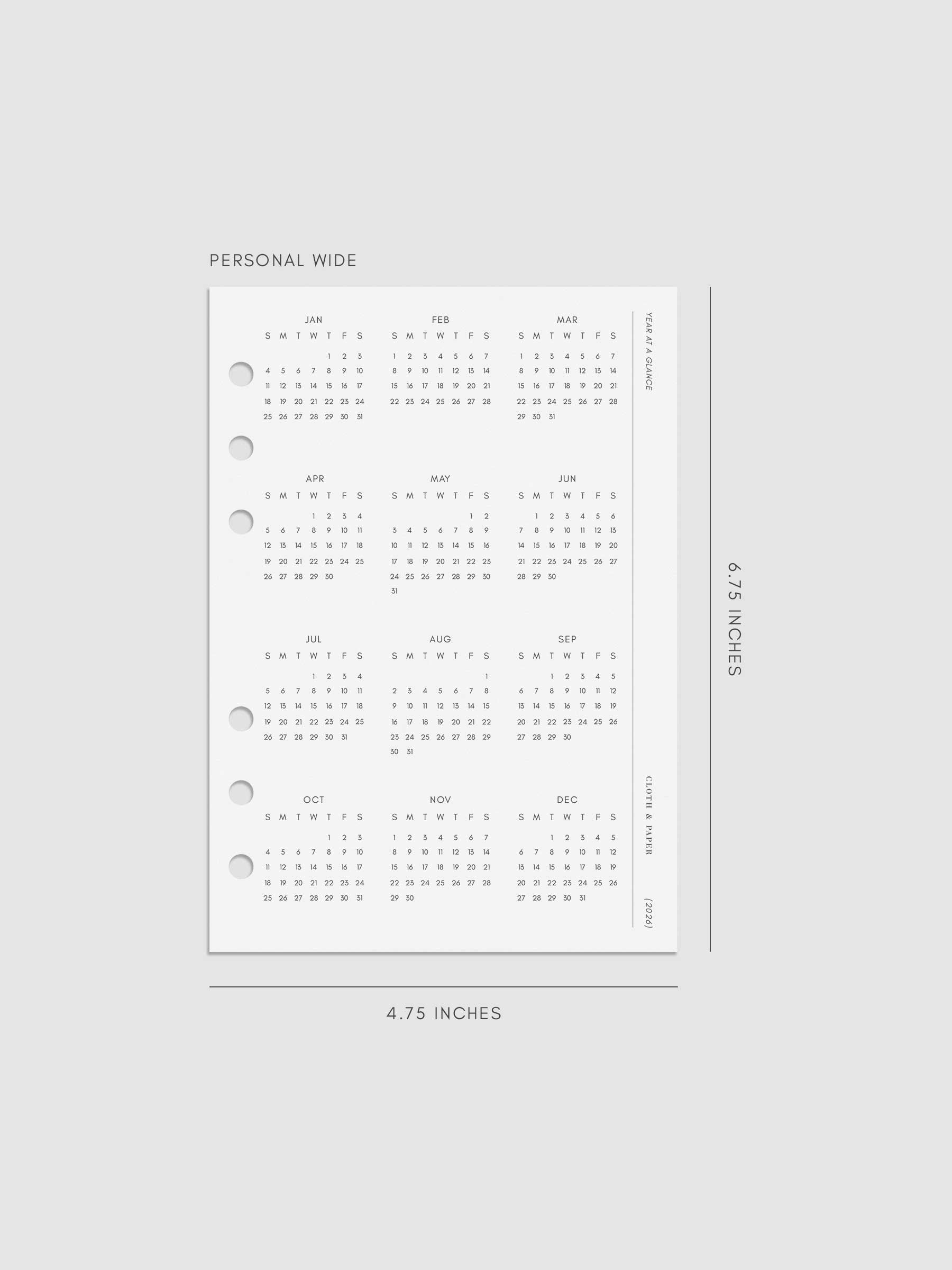 Digital mock-up of the 2026 Year At A Glance Planner Dashboard in Personal Wide.