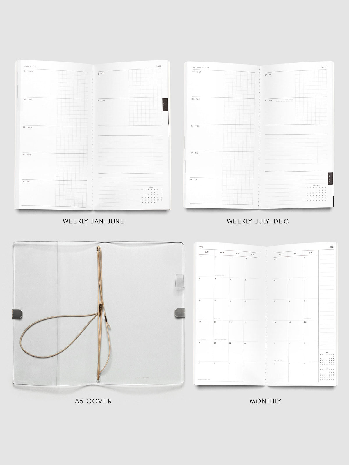 Four-panel layout showing a weekly grid spread for January through June, a weekly grid spread for July through December, an open flat clear vinyl A5 cover with tan bungee cords, and a monthly calendar spread, labeled A5 Cover
