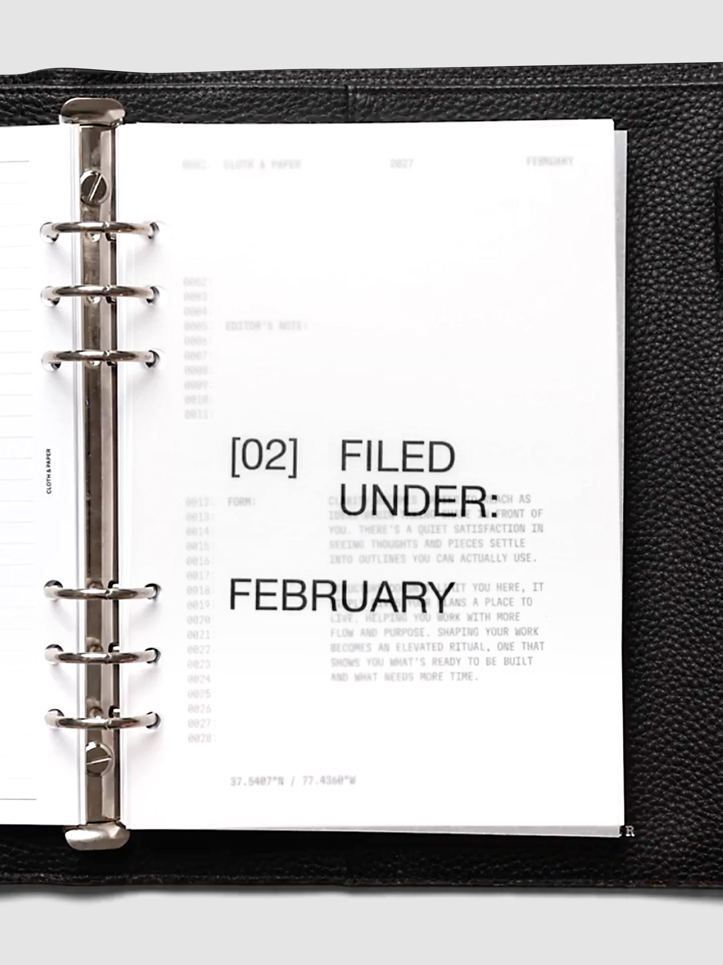 2027 Front + Monthly Dashboard Overlays, Avant Garde, A5 6-Ring Punch, vellum dashboard overlay shown layered inside a planner