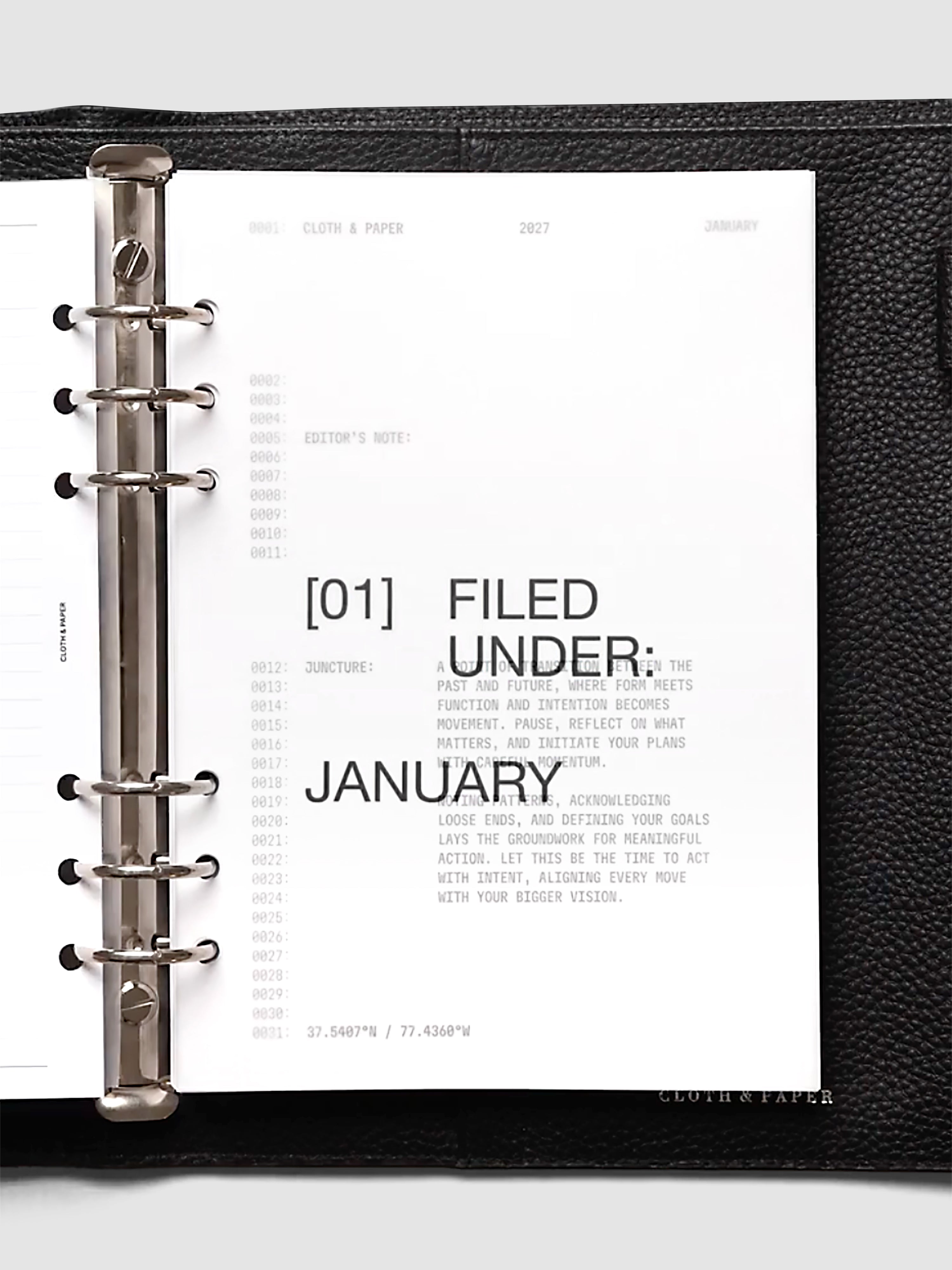 2027 Front + Monthly Dashboard Overlays, Avant Garde, A5 6-Ring Punch, vellum dashboard overlay shown layered inside a planner