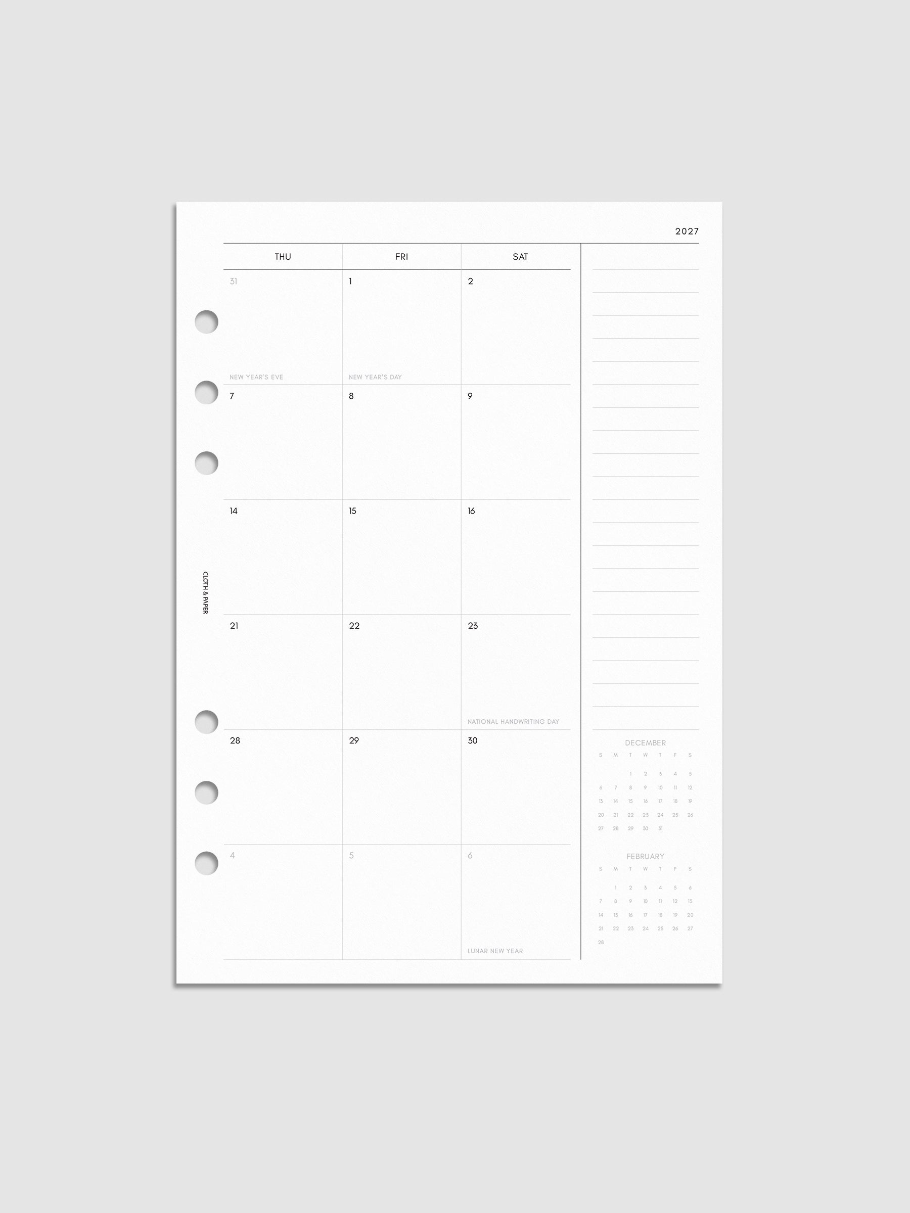 Right page of the 2027 Dated Monthly Sunday Start insert in A5 6-Ring Punch size, showing the dated calendar grid with a notes column and mini calendars in the bottom right corner