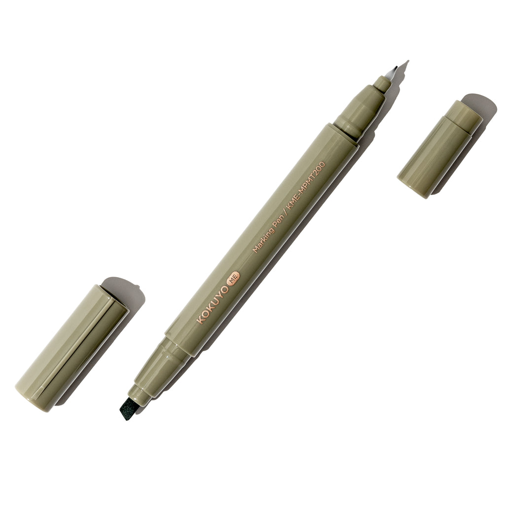 Kokuyo ME Marking Pen, Cloth and Paper. Dusty Olive marker displayed with both caps placed next to the pen on a white background.