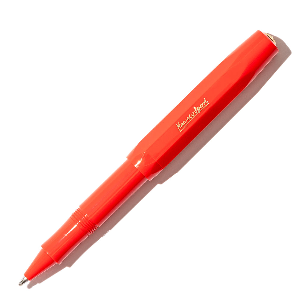 Kaweco Classic Sport Rollerball Pen, Red, Cloth and Paper. Pen displayed on a white background. The pen's nib is exposed.