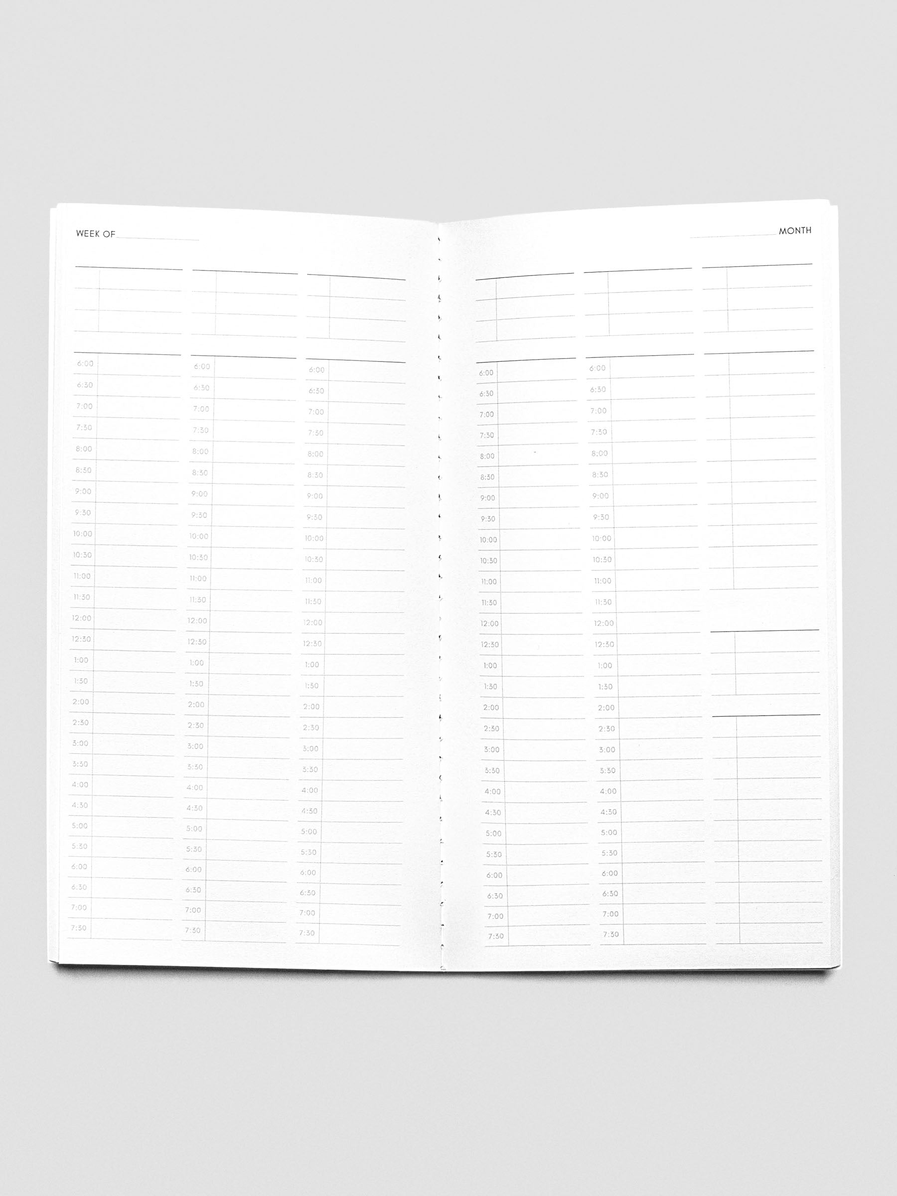 Travel Notebook in size A5 Slim in color Bordeux with 30 Minute Time Block pages with inner pages shown.