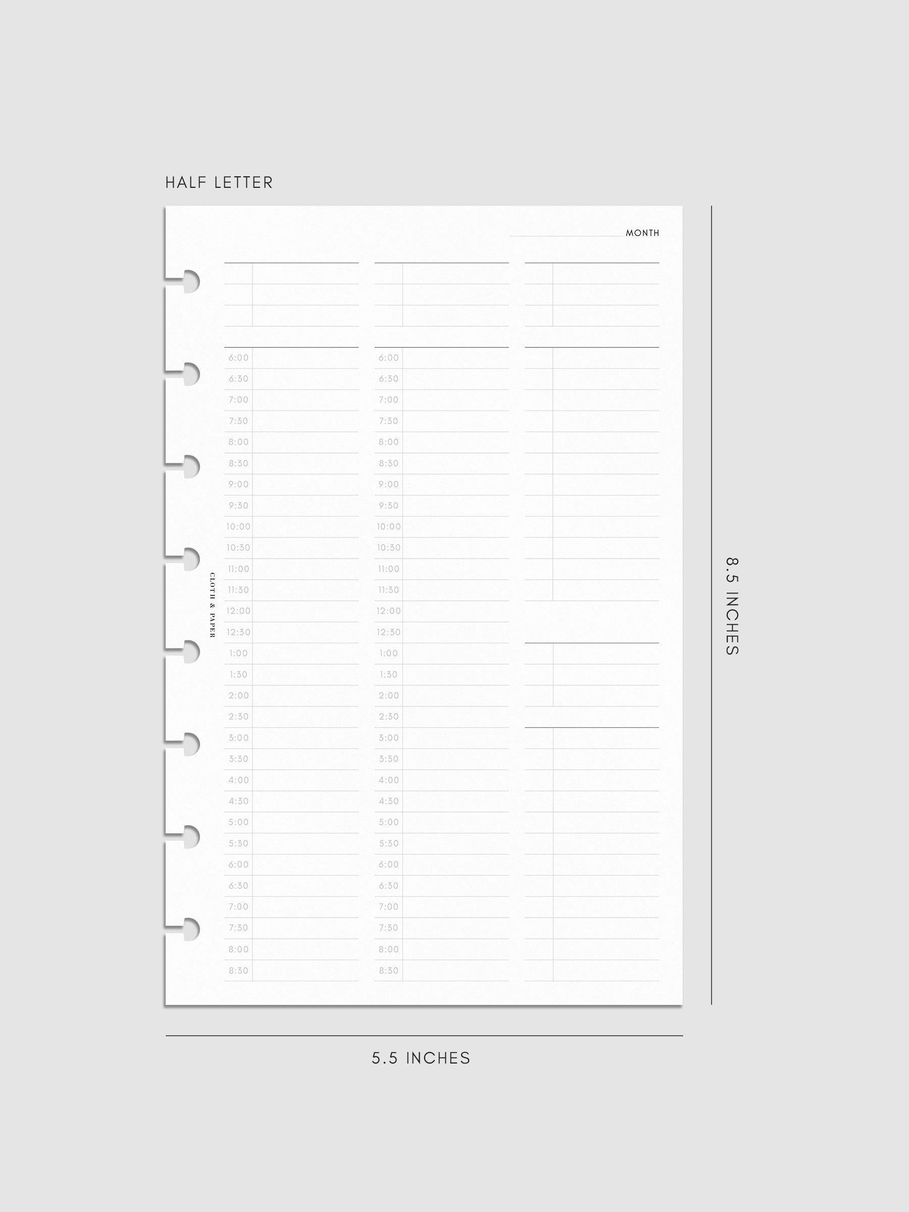 30 Minute Time Block Planner Inserts | Half Letter