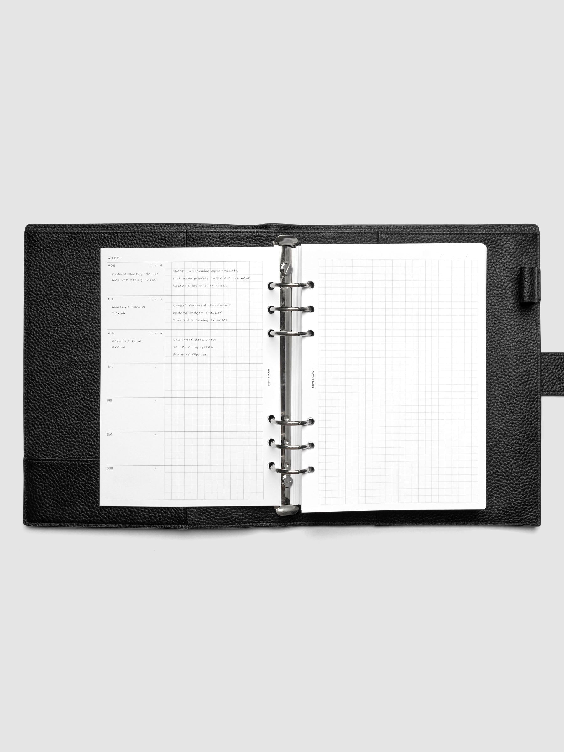 Demo page for Weekly Graph Inserts in size A5 shown ring bound.