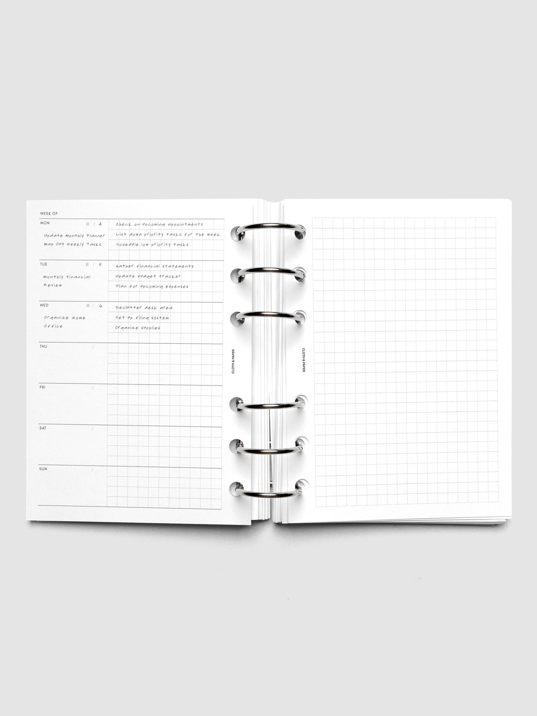 Demo page for Weekly Graph Inserts in size A6 shown ring bound.