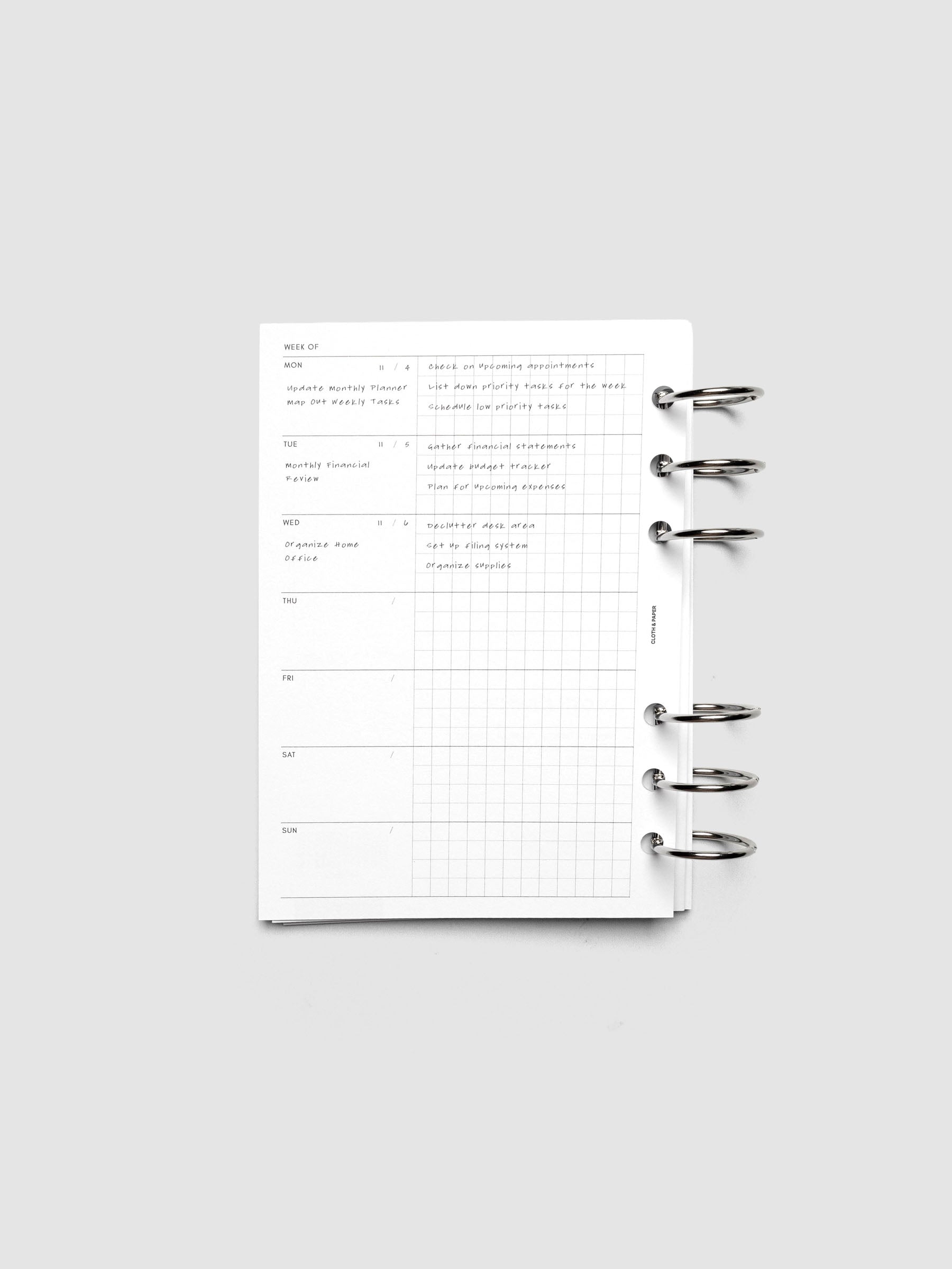 Demo page for Weekly Graph Inserts in size A6 shown ring bound.
