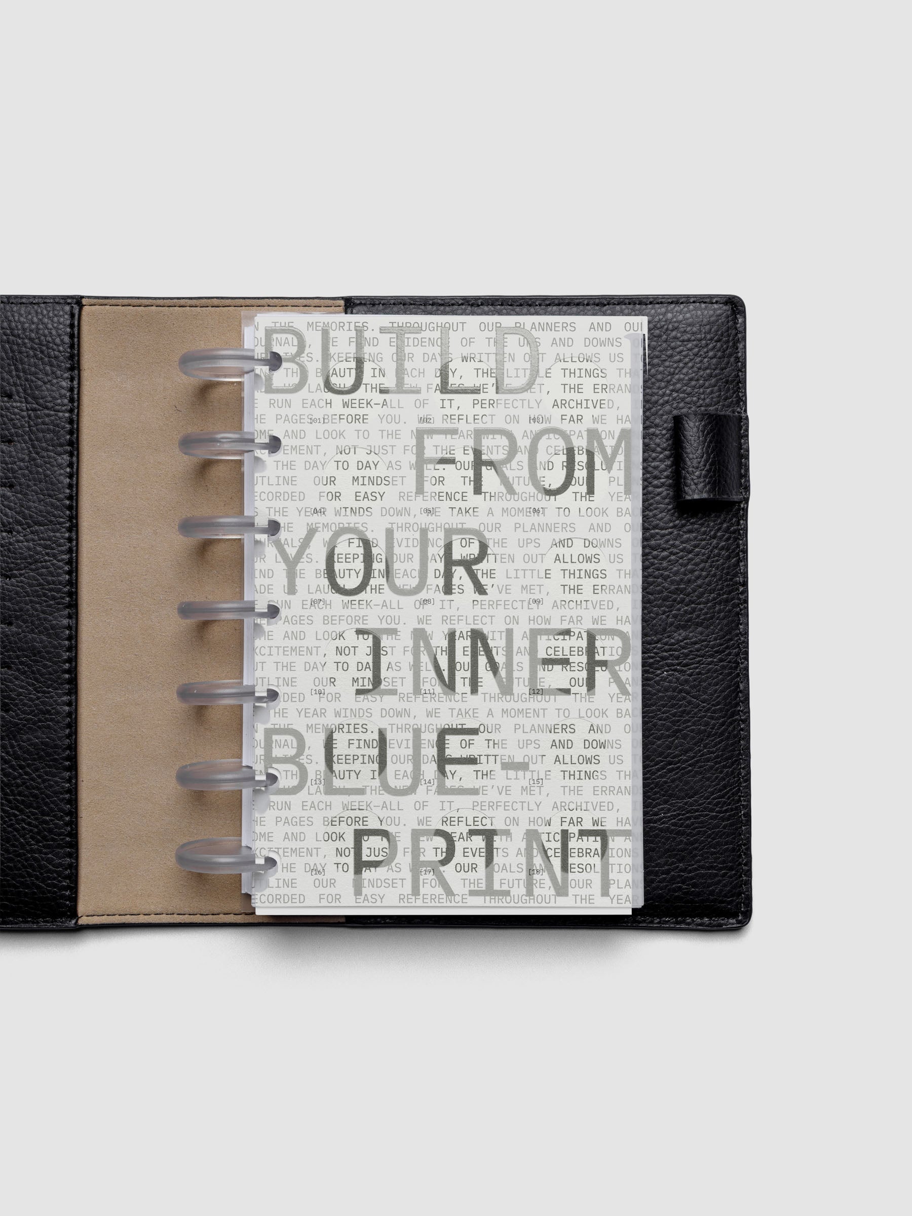 Inner Blueprint Dashboard Duo shown ring bound in a black leather folio in size HP Mini.