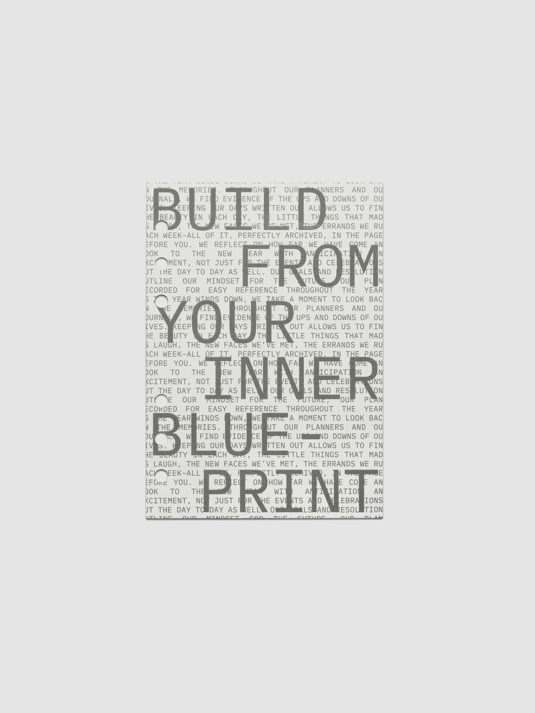 Cardstock dashboard with text design reading 'Build from your inner blue-print'. One piece of the Inner Blueprint Dashboard Duo shown in size Personal Wide.