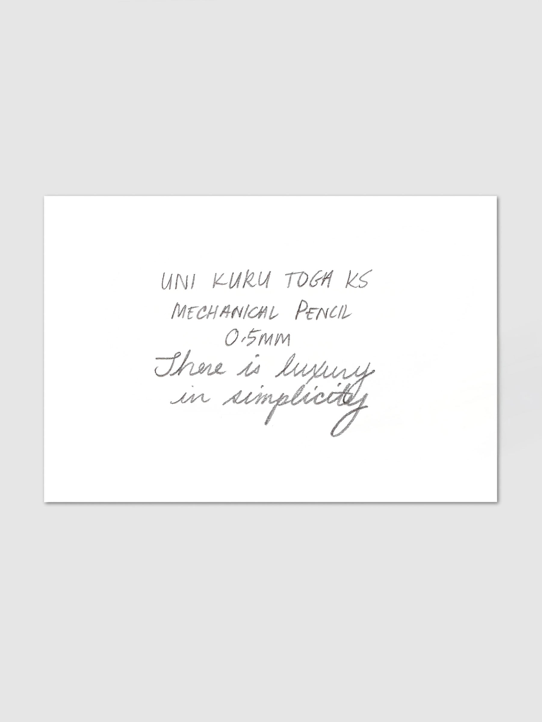 Uni Kuru Toga KS Mechanical Pencil handwriting swatch card with sample text in pencil